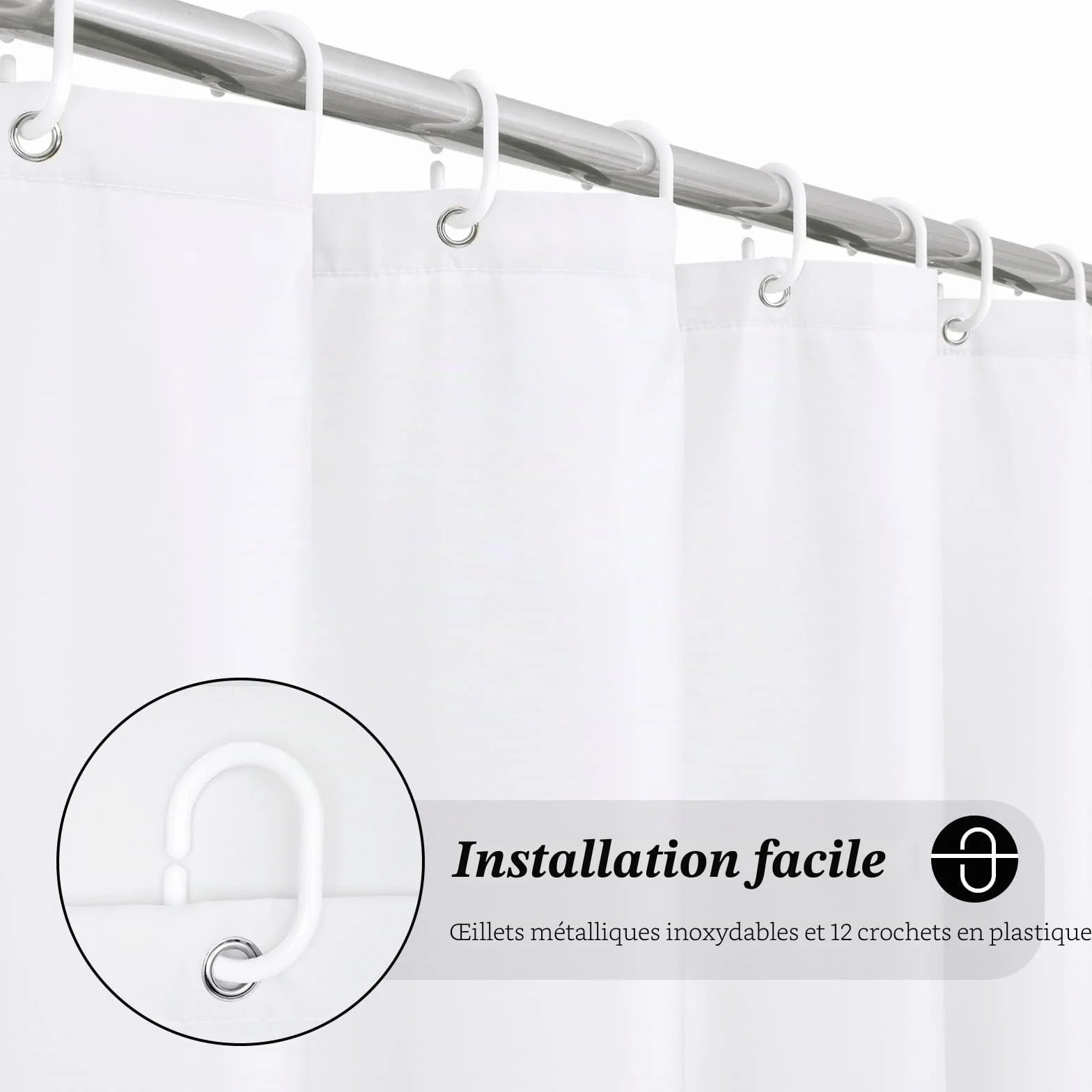 EurCross Rideau de douche 180x200 cm Blanc anti-moisissure imperméable lavable en machine