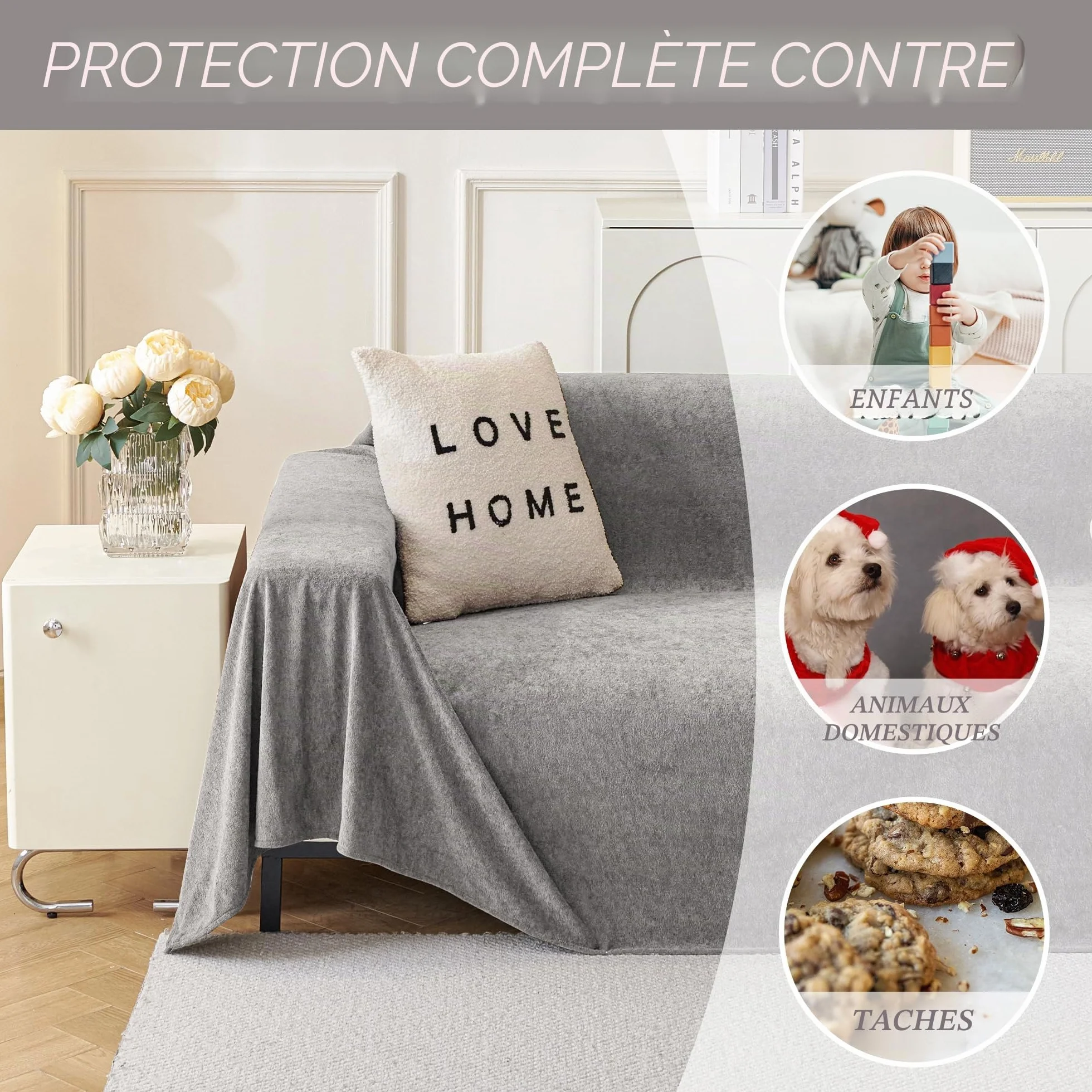 MYSKY HOME Housse de canapé 180 x 300 cm, lavable, antidérapante, anti-rayures, gris