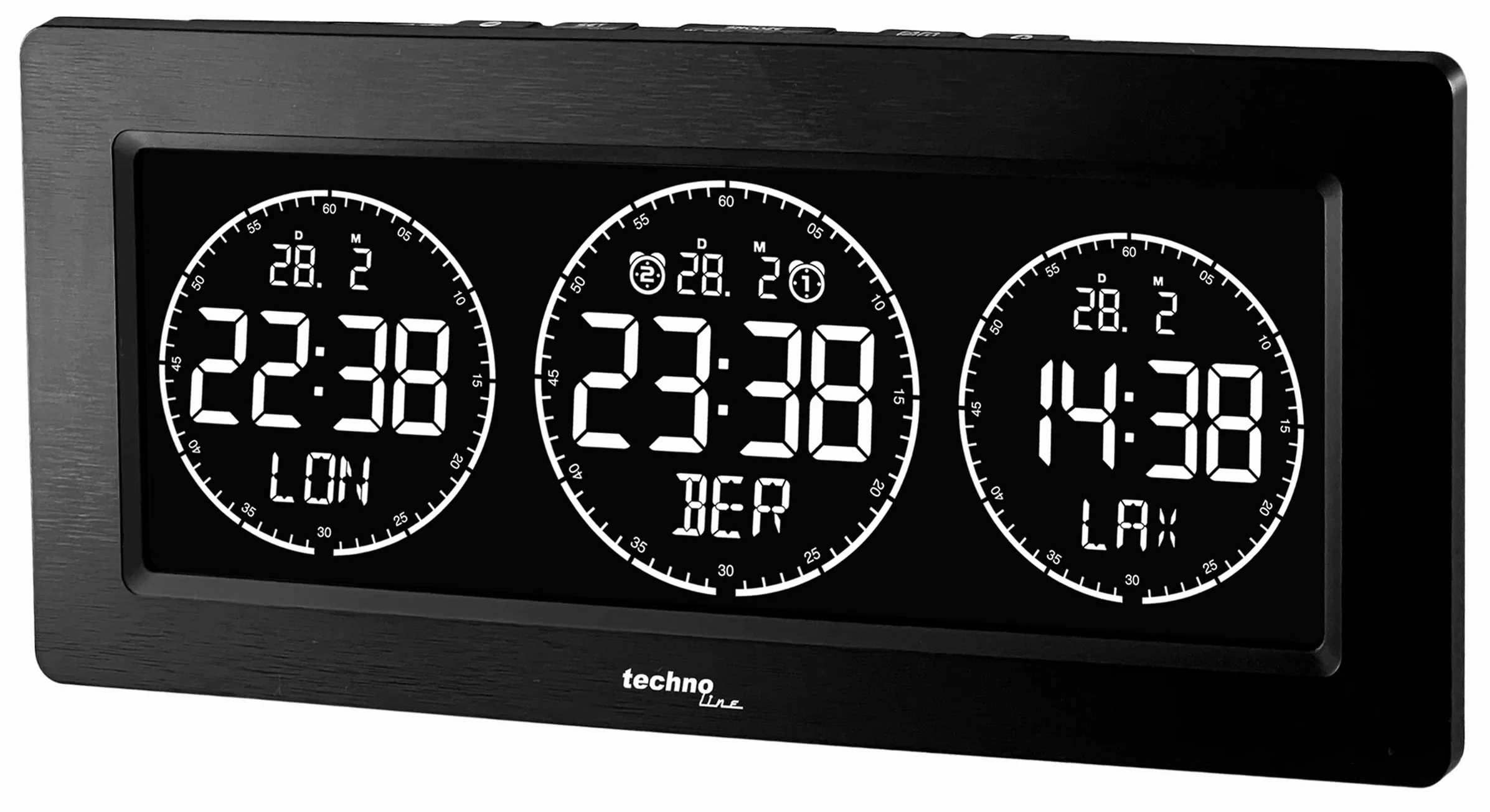 Technoline Horloge numérique Mondiale LED Noir, 3 affichages de l'heure, programmable