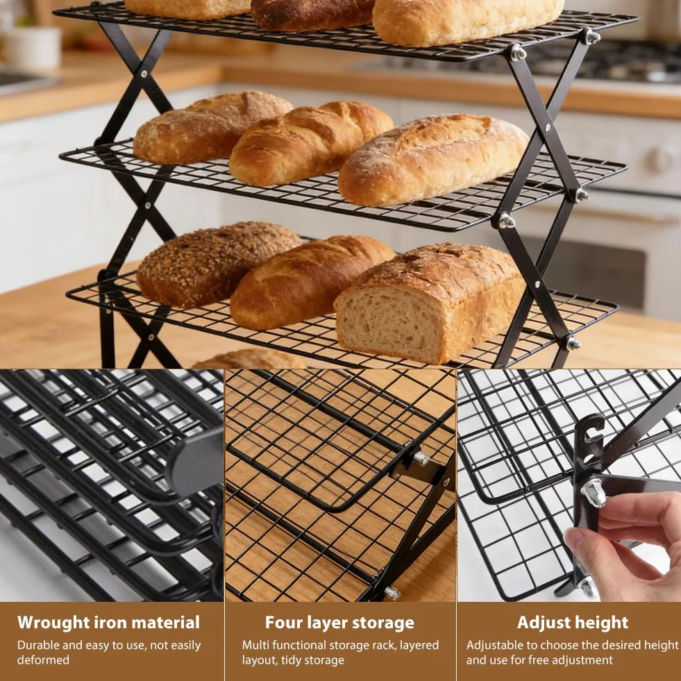 Grille de refroidissement empilable pliable 4 étages pour cuisine biscuits gâteaux muffins pain