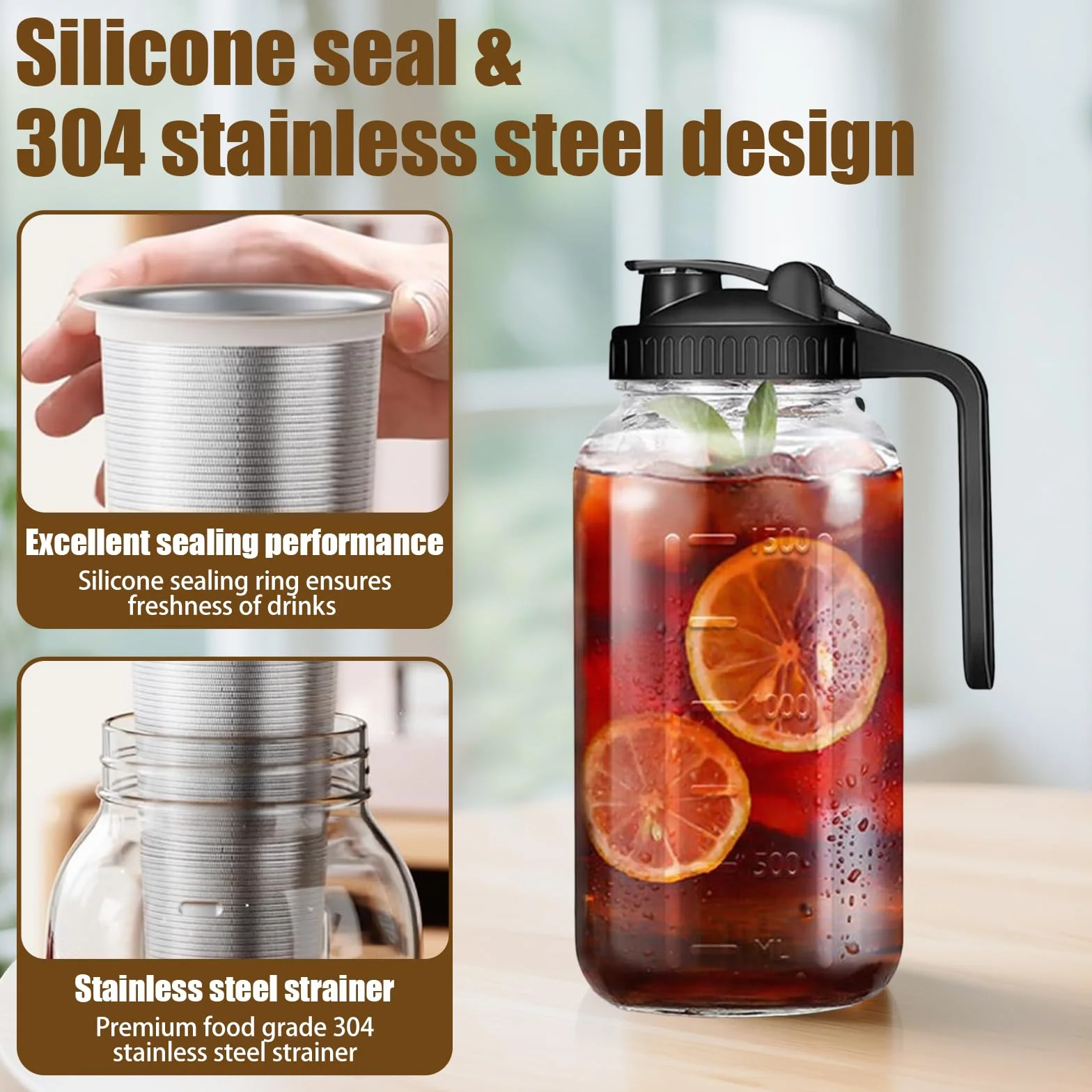 Cafetière à infusion froide 2 L en acier inoxydable pour café glacé et thé glacé