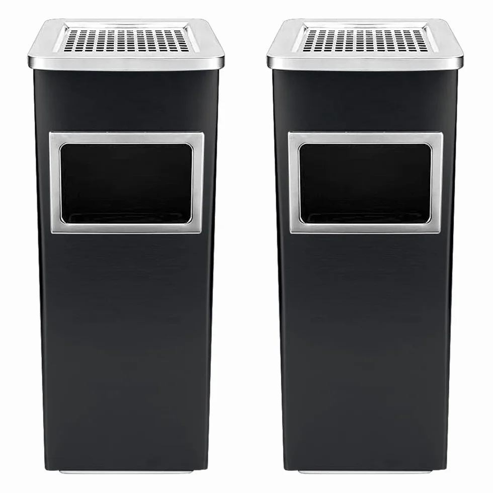 Poubelle en acier inoxydable 35L avec cendrier sur pied, 24x24x60 cm noir