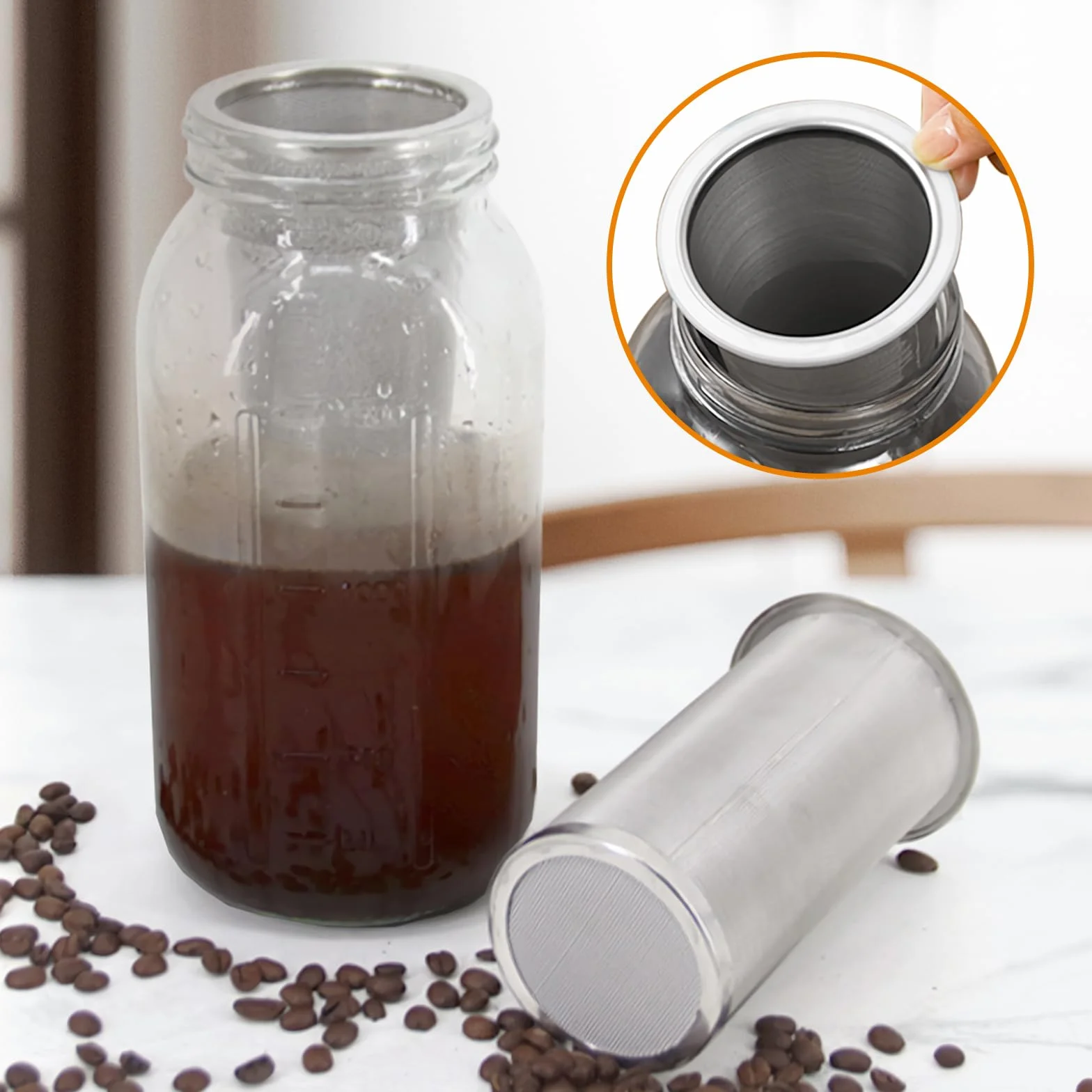 Filtre à café à froid pour pot Mason large goulot, passoire acier inoxydable 304, cafetière glacée 950 ml