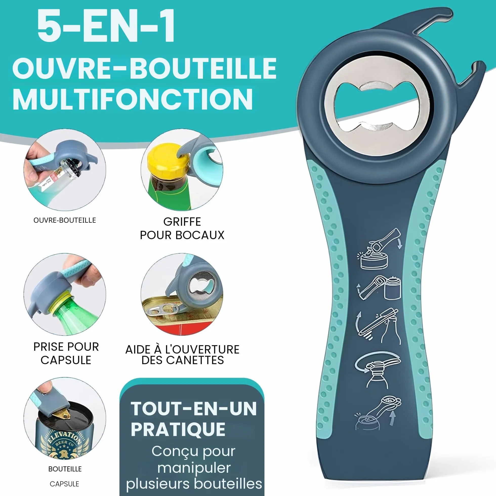 Ouvre-bocal multifonction 5 en 1 avec caoutchouc antidérapant pour mains faibles et arthritiques