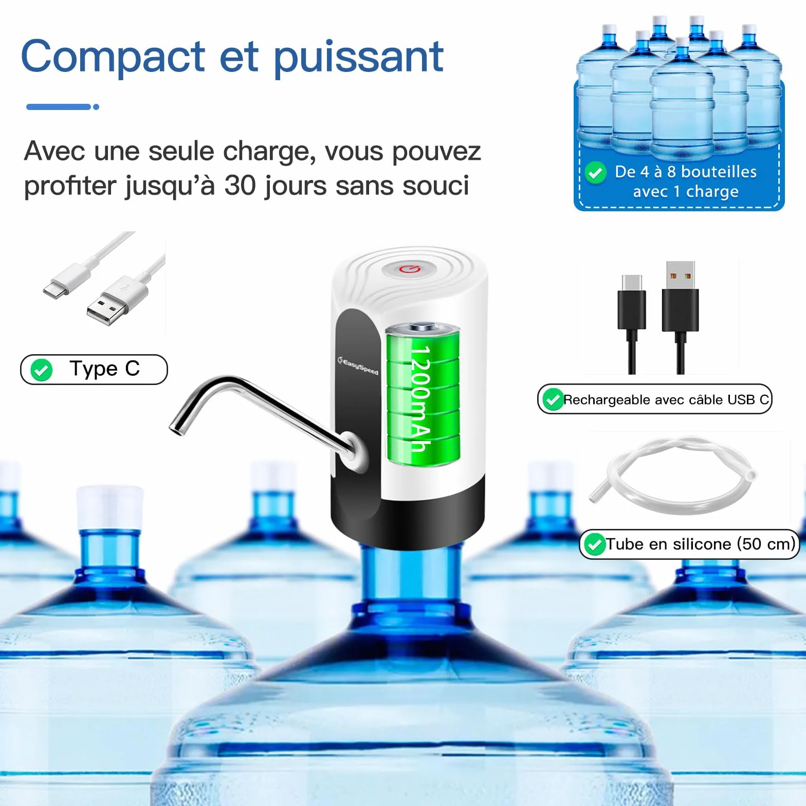 EASYSPEED Distributeur Eau Portable Rechargeable USB avec 2 Adaptateurs, Pompe Automatique pour Camping Maison Bureau Blanc