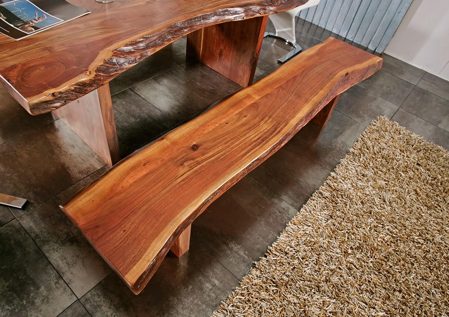 Banc 235x38cm Bois Massif d'Acacia Laqué Noisette Design Naturel Freeform