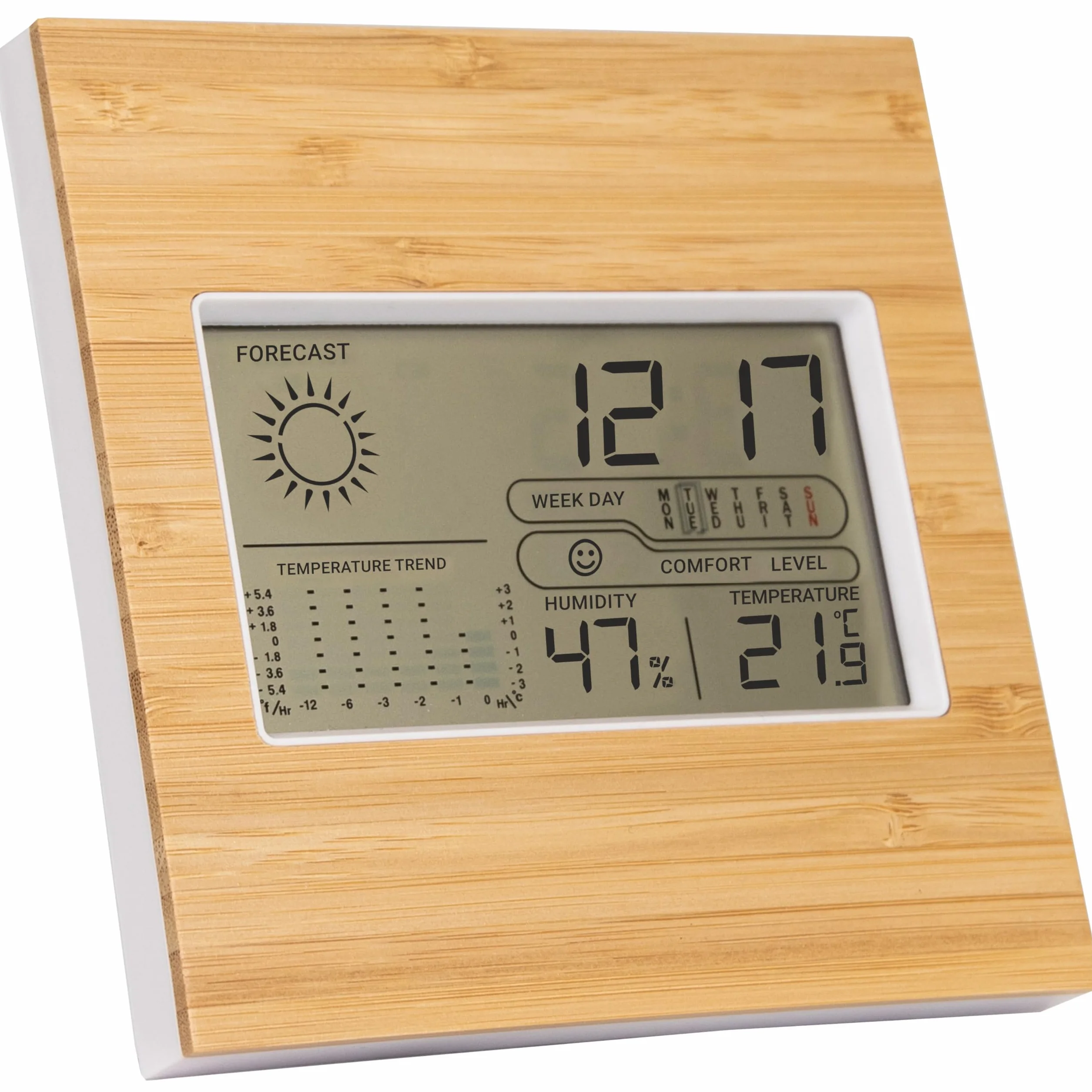Silvergear Station Météo Réveil Numérique avec Prévisions Météorologiques Température Humidité Bambou Blanc