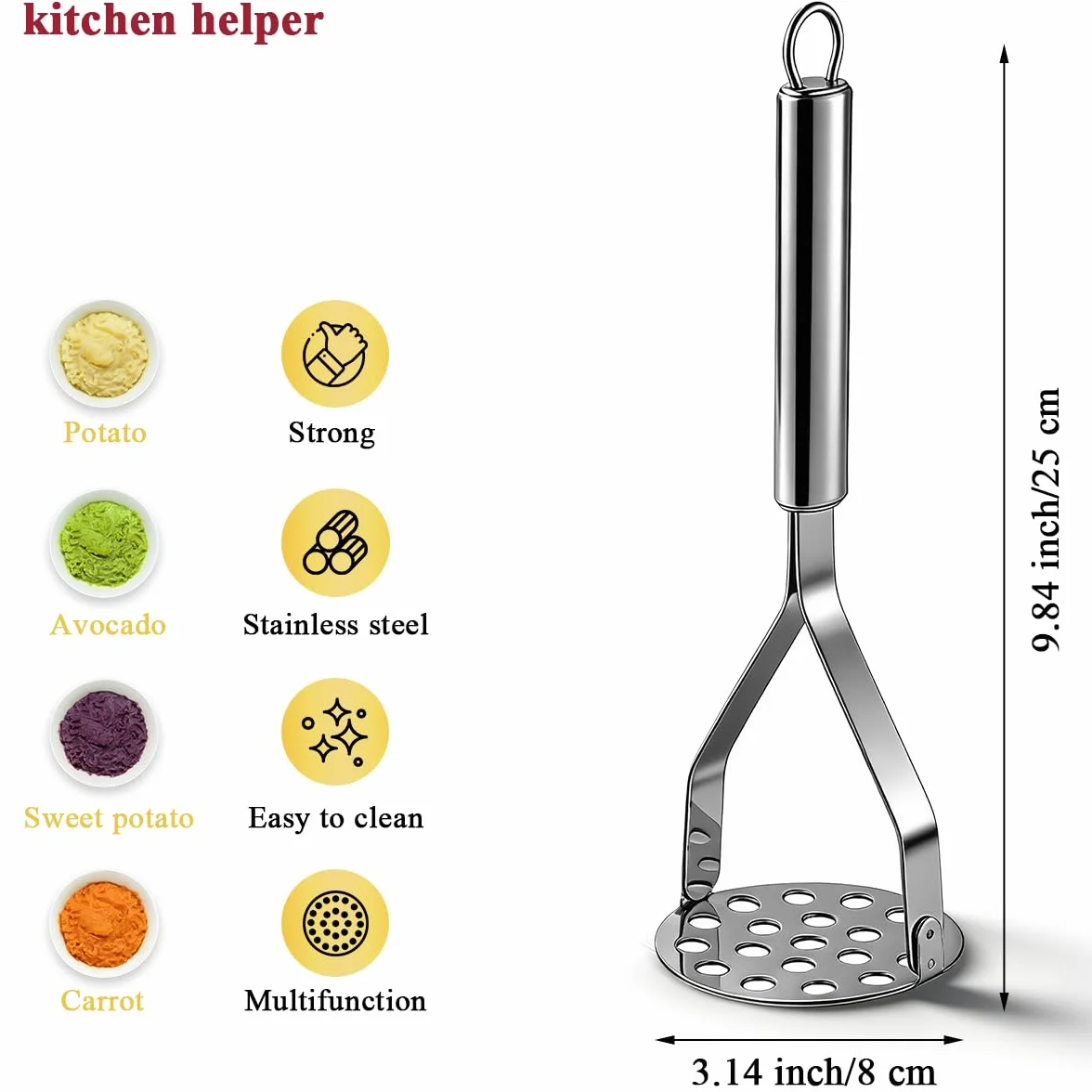 Homquen Pilon de Pommes de Terre en Acier Inoxydable 25 cm