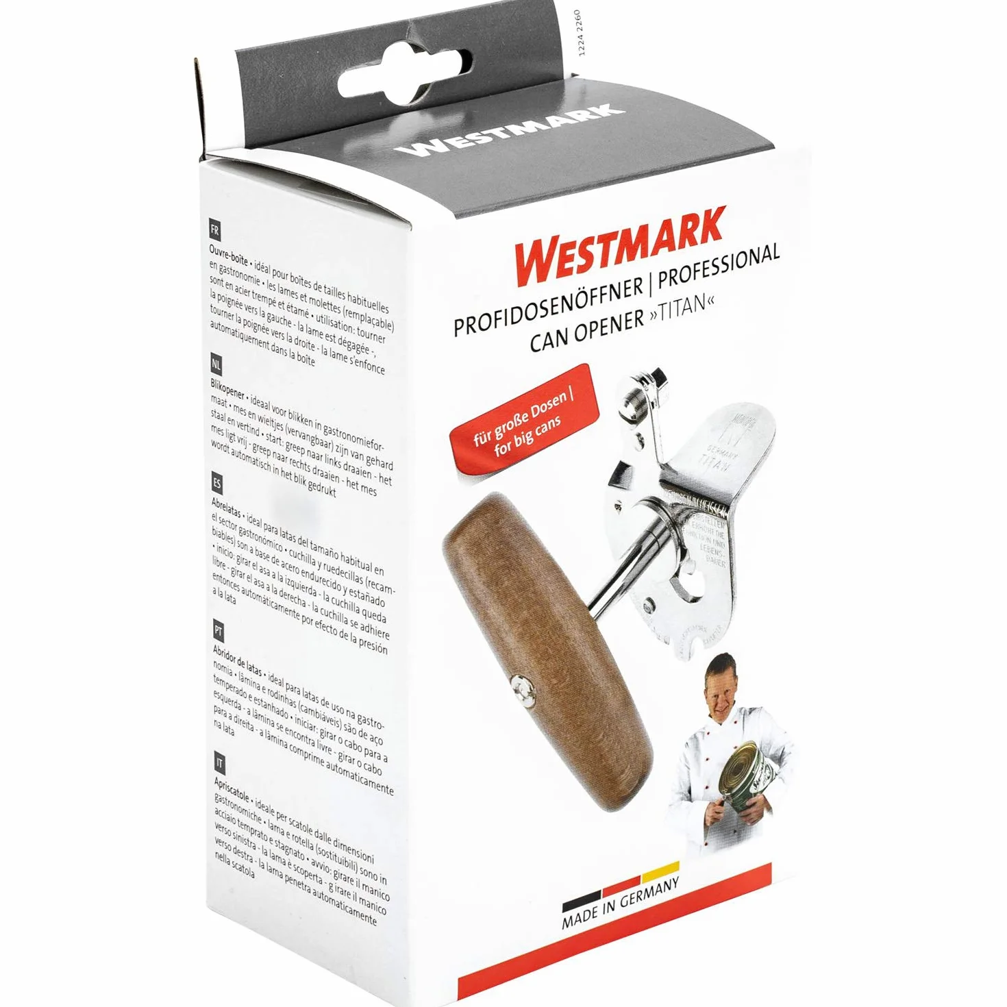 Westmark Ouvre-boîtes Professionnel Acier Bois pour Boîtes de Conserves Taille Gastronomique Gris et Marron Foncé