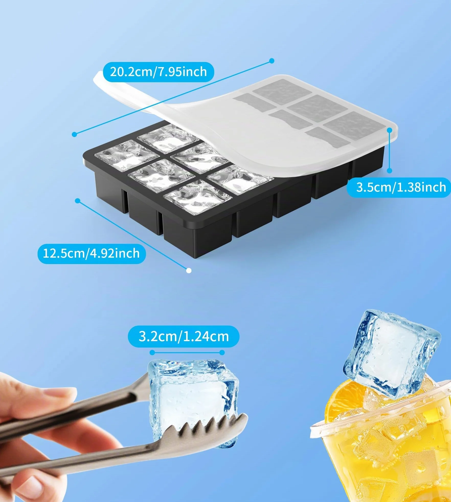 Ankway Lot de 3 Bac à Glaçons Silicone avec Couvercle, 45x3.5cm, Sans BPA, Faciles à Retirer, Noir