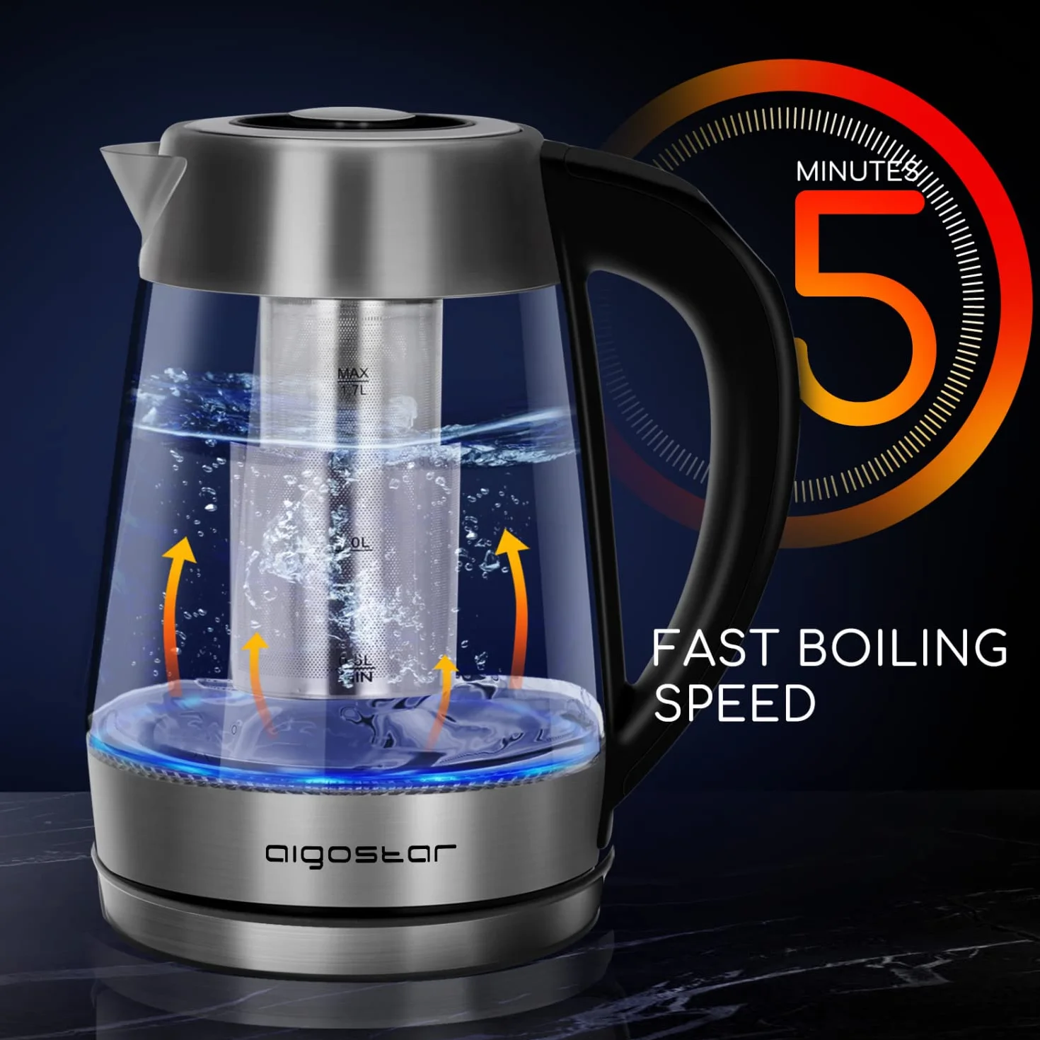 Aigostar Bouilloire en verre 2200W 1.7L Température Réglable 60-100°C Maintien au chaud Filtre à thé