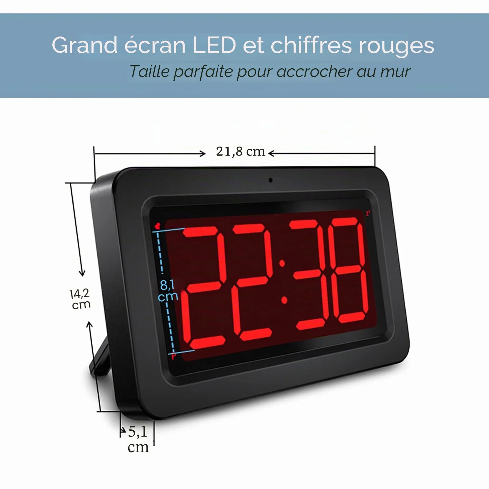 Horloge Murale LED Affichage Numérique Rouge 21,5 x 14 x 4,5 cm Alimentée par Batterie ou Adaptateur Réveil Lumineux