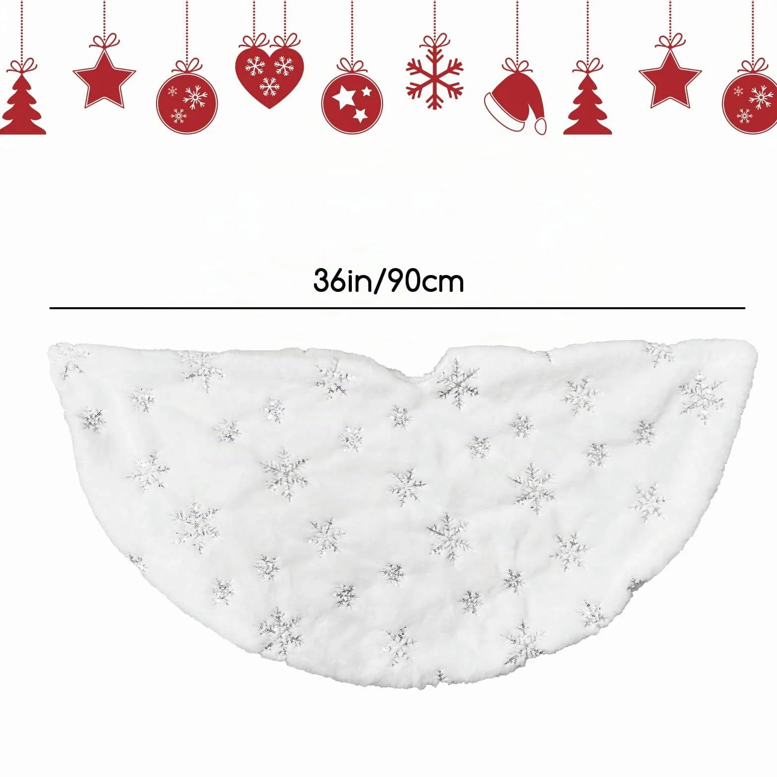 Jupe de Sapin de Noël 90cm, Blanc Peluche Double Couche avec Flocon Argenté, Décoration Noël