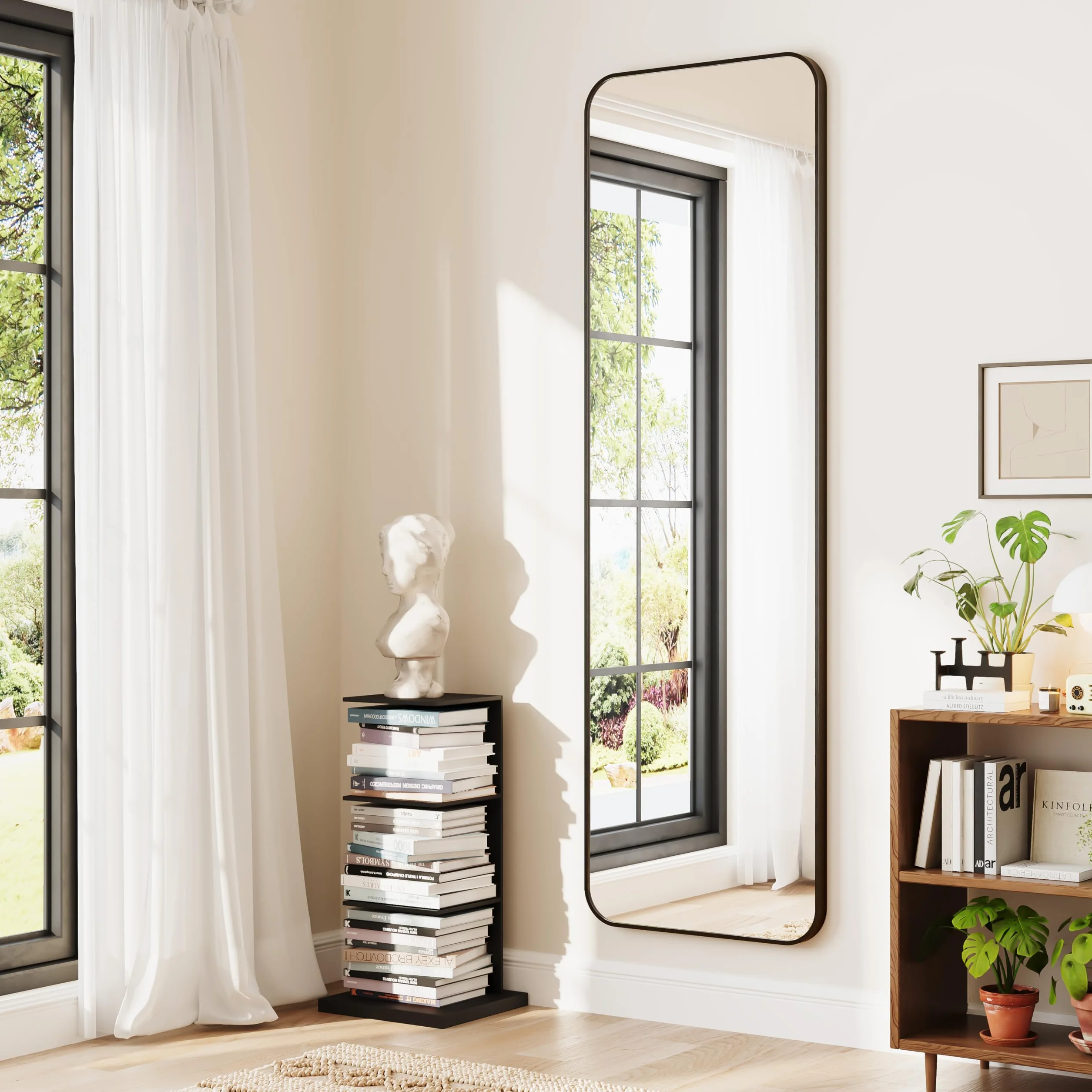 Dripex Grand Miroir 150x40cm Coins Arrondis Miroir Pied Suspendu Cadre Alliage Aluminium Noir