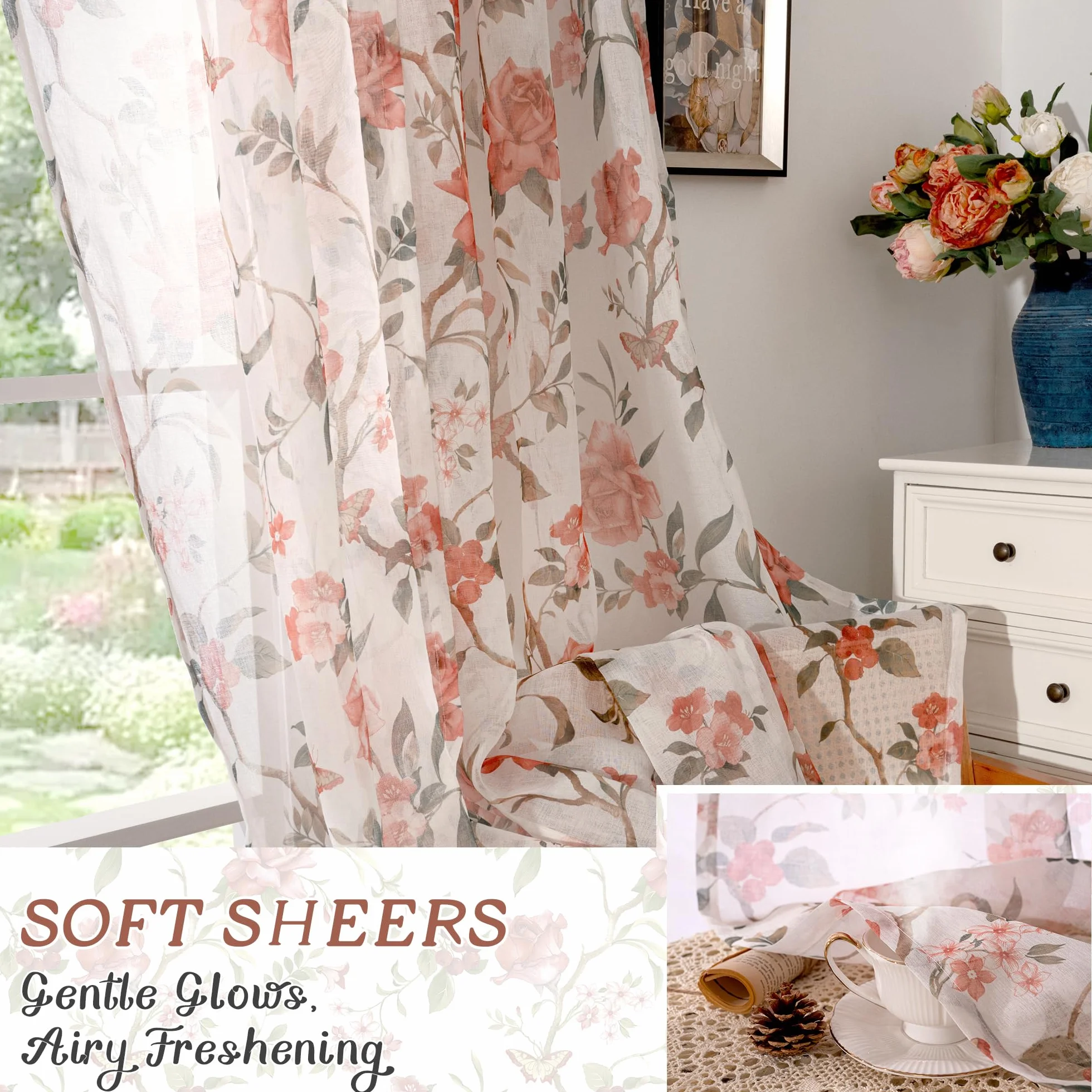 Lajode Lot de 2 Rideaux Transparents à Motif Floral, Lin Semi-Transparents 213,4 cm Passe-Tringle
