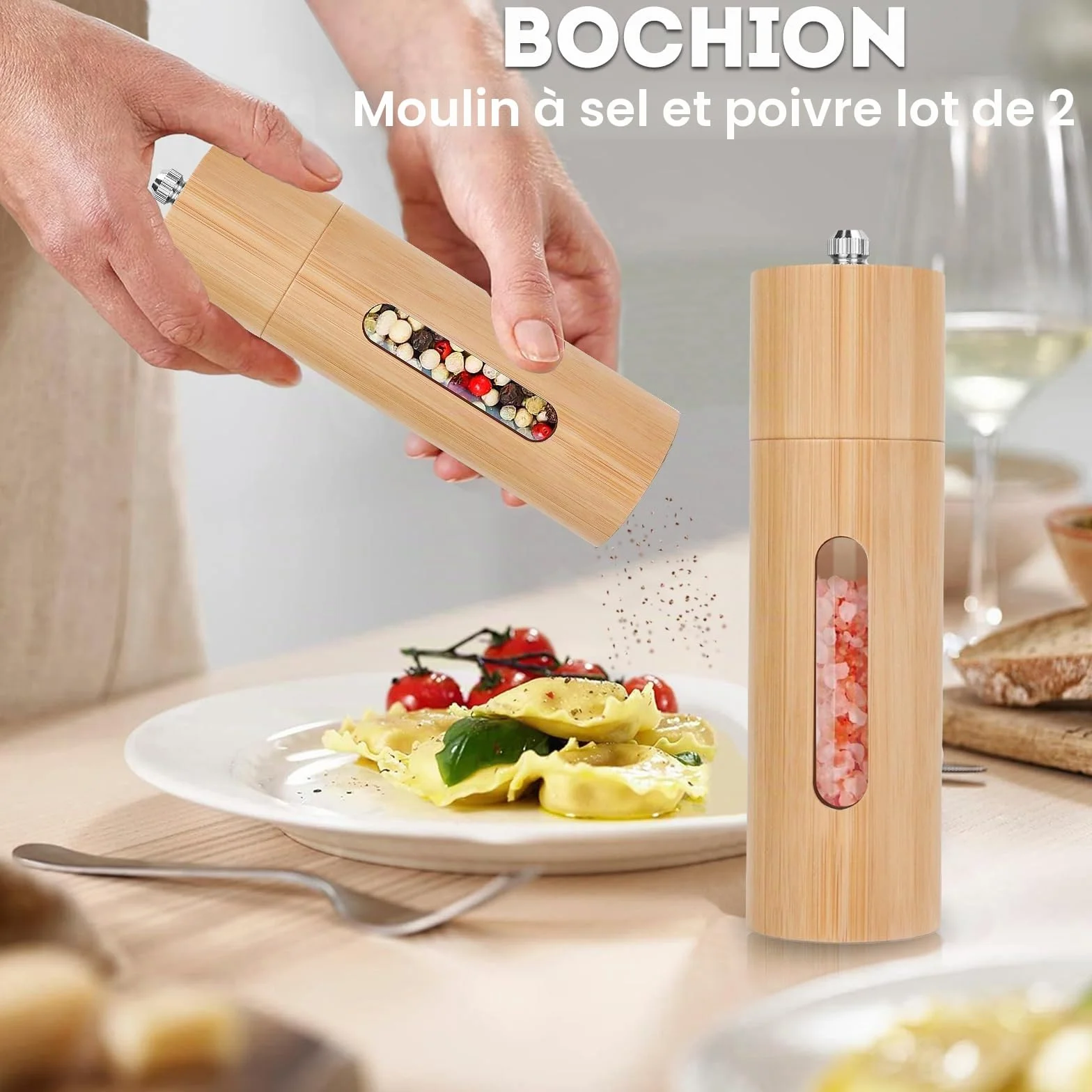 Moulin à Poivre et Sel Manuel en Bois avec Broyeur en Céramique Réglable
