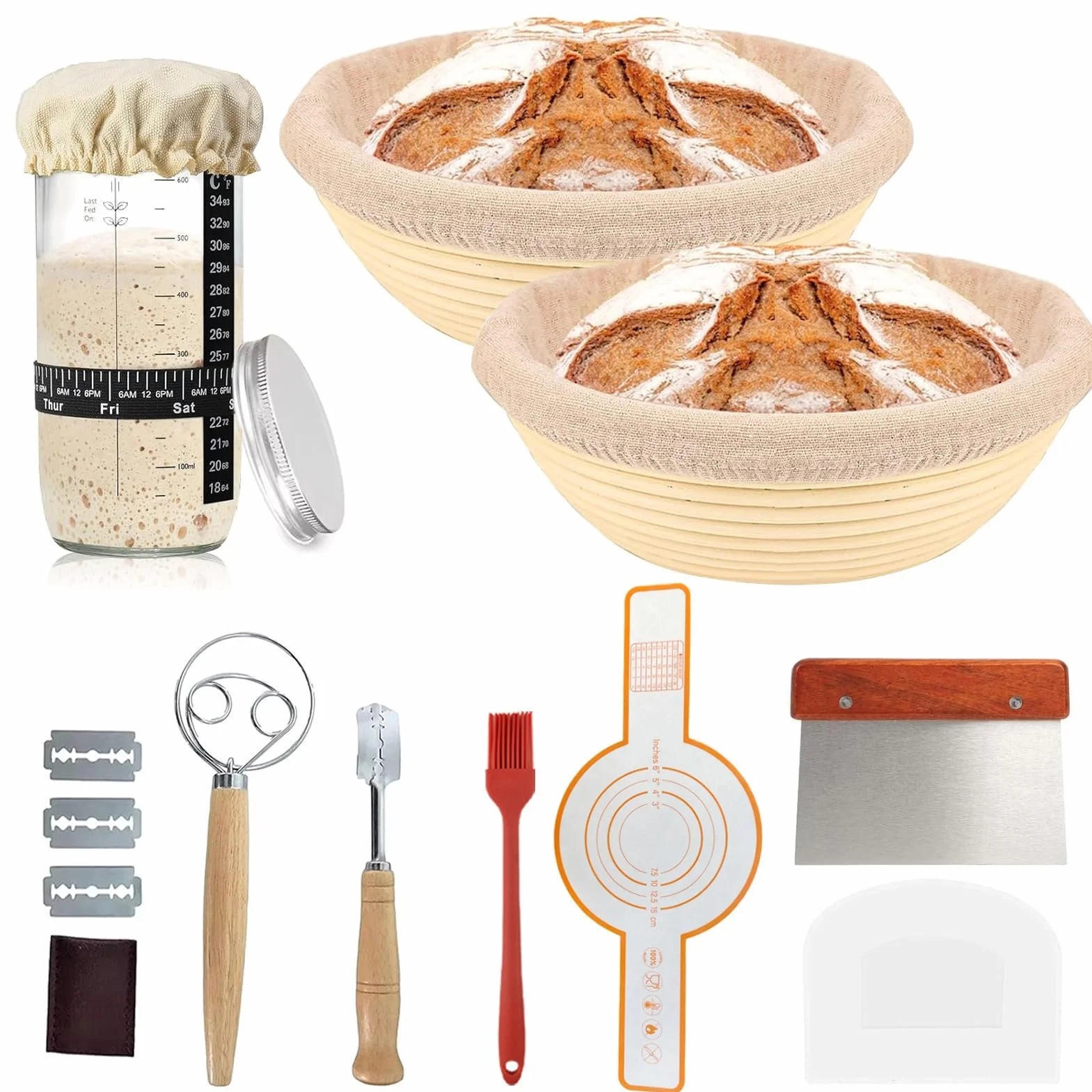 Kit de démarrage au levain avec panier grille-pain naturel, 2 paniers de fermentation et 750 ml pâte aigre