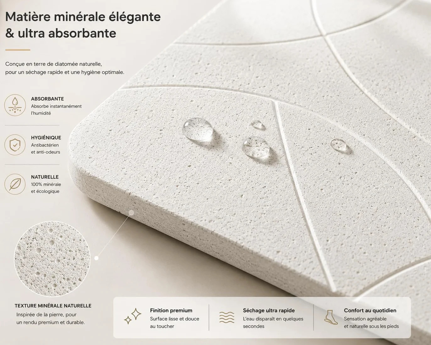 Tapis de Bain en diatomite 60 x 39 cm - Séchage instantané, antidérapant, Surface minérale Ultra absorbante - Blanc & Gris Ligne