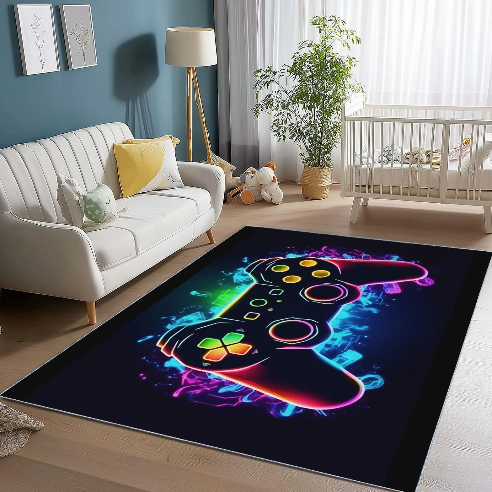 Tapis Décoratif 80 x 150 cm Manette de Jeu Minimaliste Antidérapant Poil Court Noir