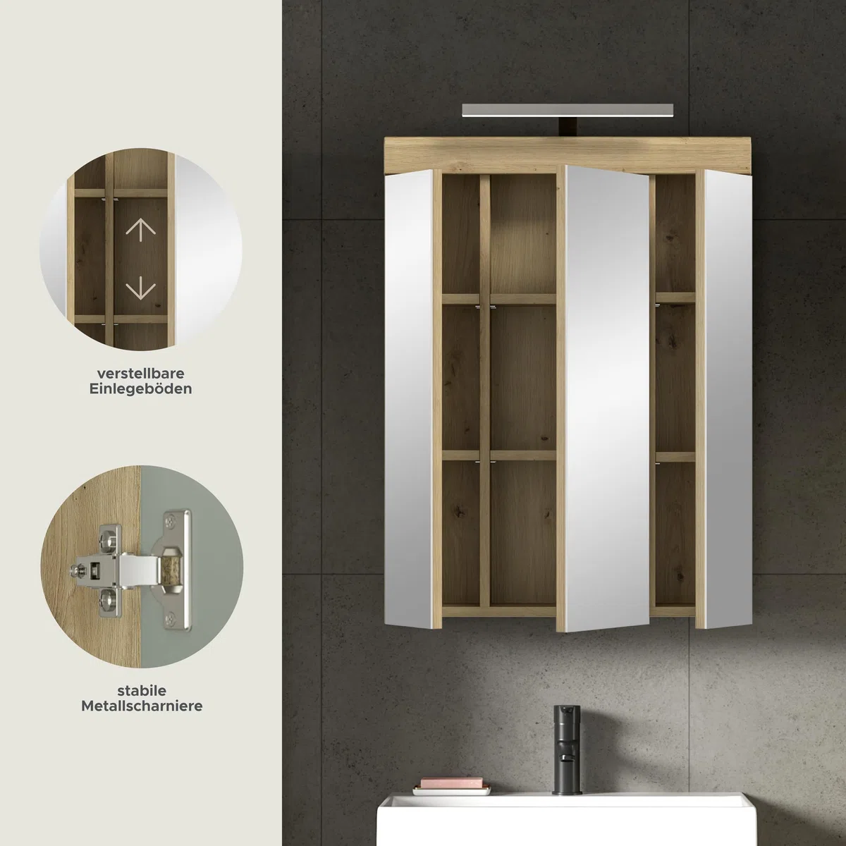 xonox.home Bad Scout X06N3726 Armoire à Pharmacie avec Miroir et éclairage Imitation chêne Artisanal, env. 60 x 79 x 18 cm