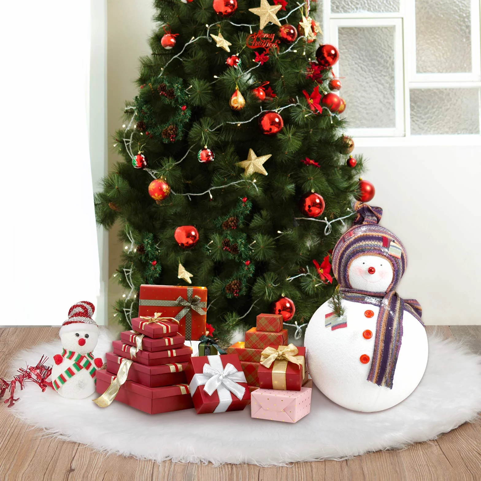 Tapis Sapin Noël 120 cm Blanc Fausse Fourrure Peluche Décorations Arbre