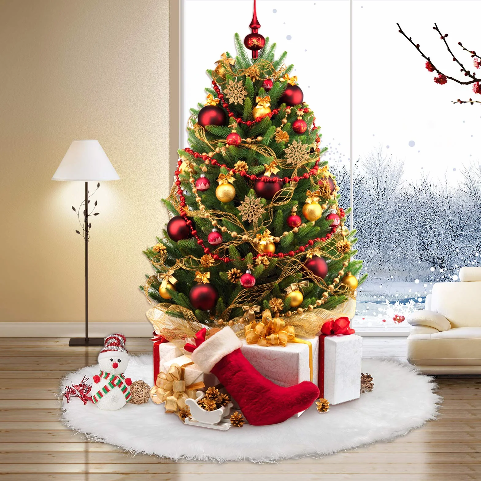 Tapis Sapin Noël 120 cm Blanc Fausse Fourrure Peluche Décorations Arbre