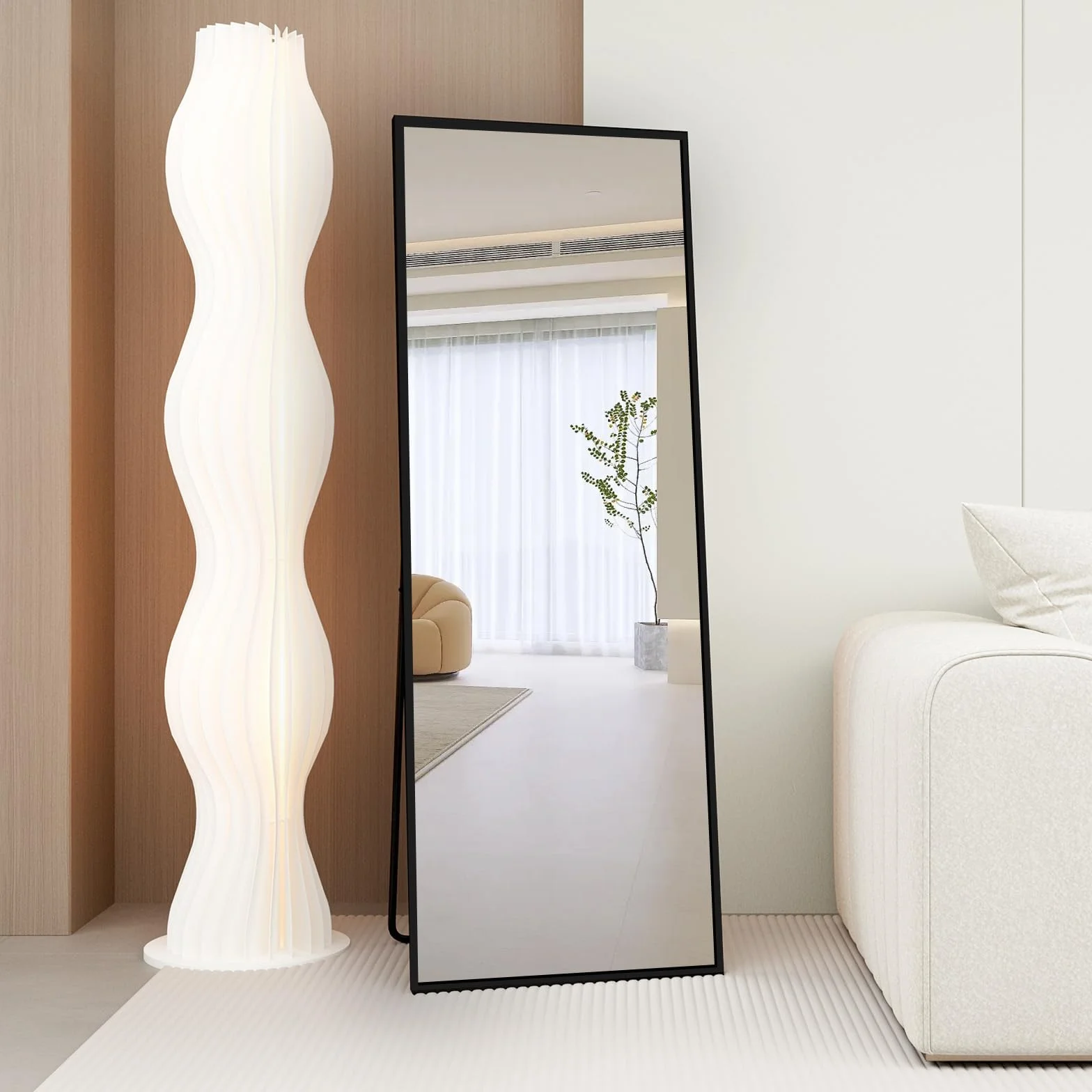Miroir sur Pied 140x50cm Cadre Métal Noir Grand Miroir Mural HD Crochets Salon Chambre Dressing