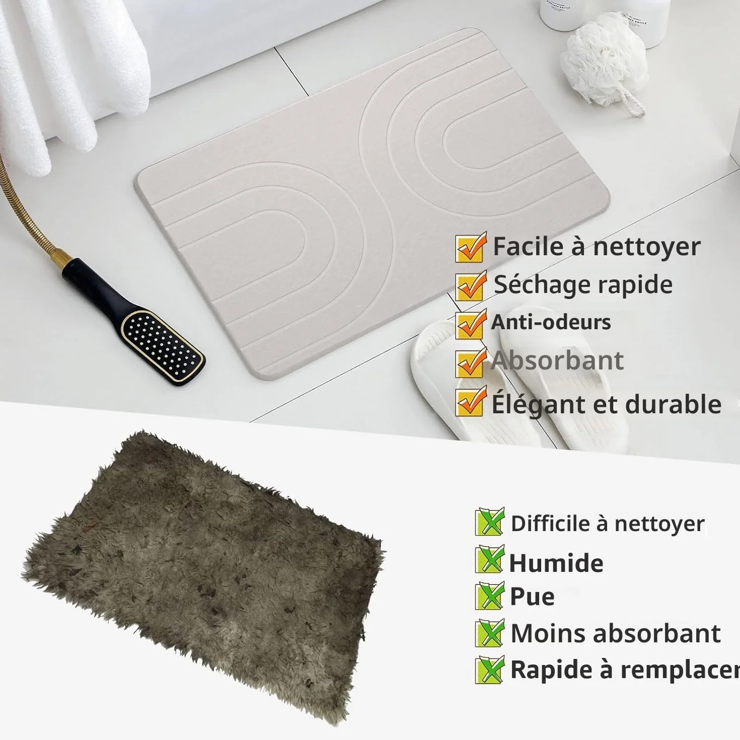 Feilifan Tapis de Bain en Pierre de Diatomite 60 x 38 cm Blanc