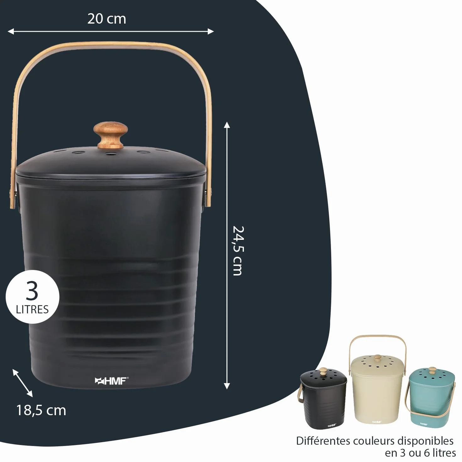 HMF Seau à Compost 3 L Noir Poubelle Bio Durable avec Couvercle