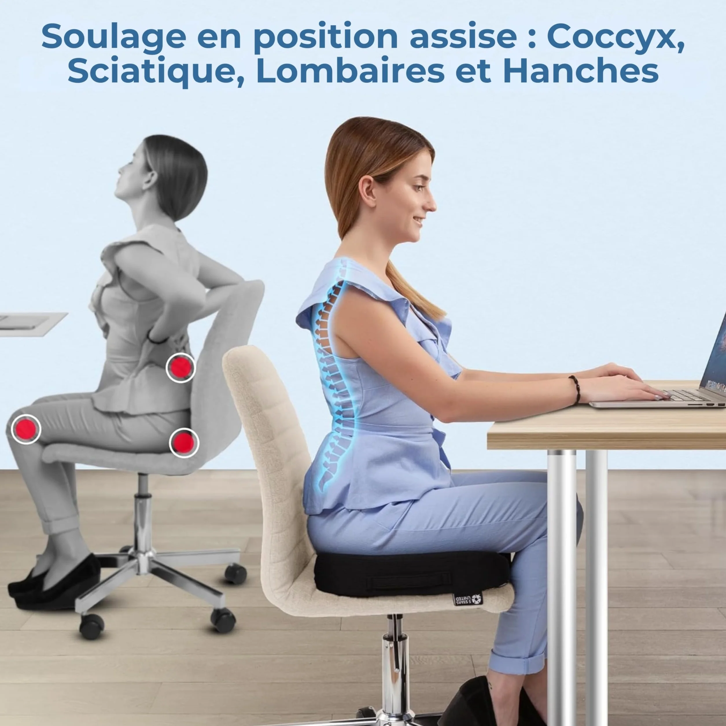 Coussin d’Assise en Mousse à Mémoire de Forme, Coccyx Ergonomique pour Chaise de Bureau, Soulagement Sciatique & Lombaires – Noir