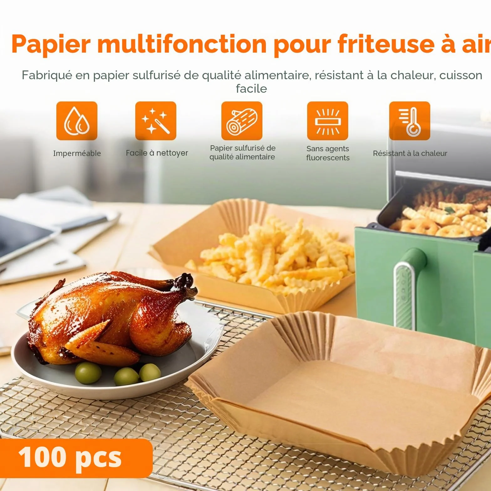 GRIFEMA Papier Air Fryer Rectangulaire 20,5 x 14 cm 100 Pièces Compatible Ninja Dual Zone AF300UK AF400UK Antiadhésif Jetable Sans BPA