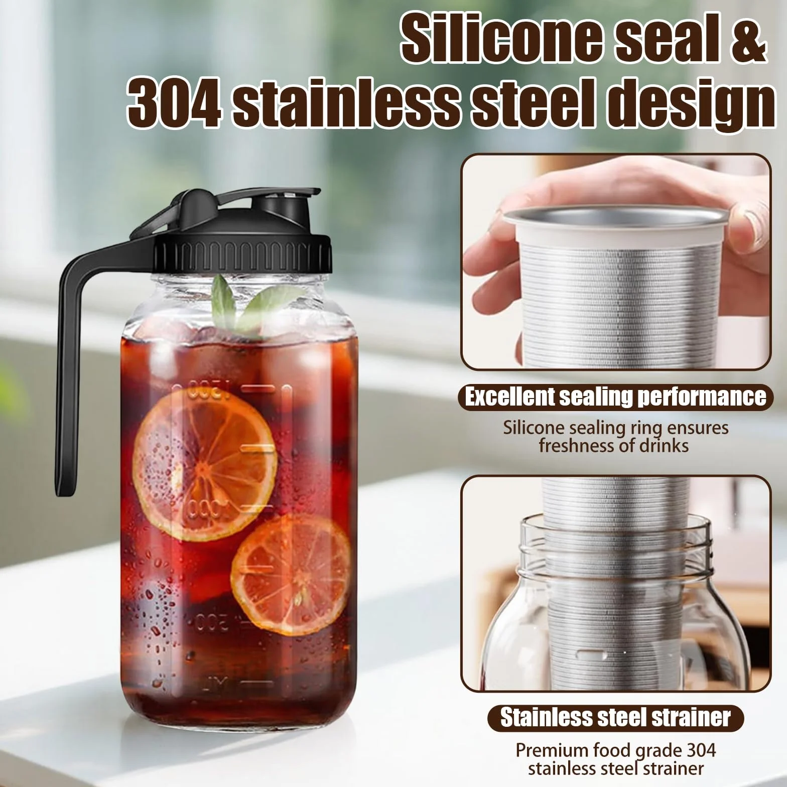 Carafe Cold Brew 2 L/60 Oz avec Couvercle et Filtre Acier Inoxydable Machine à Café Froid