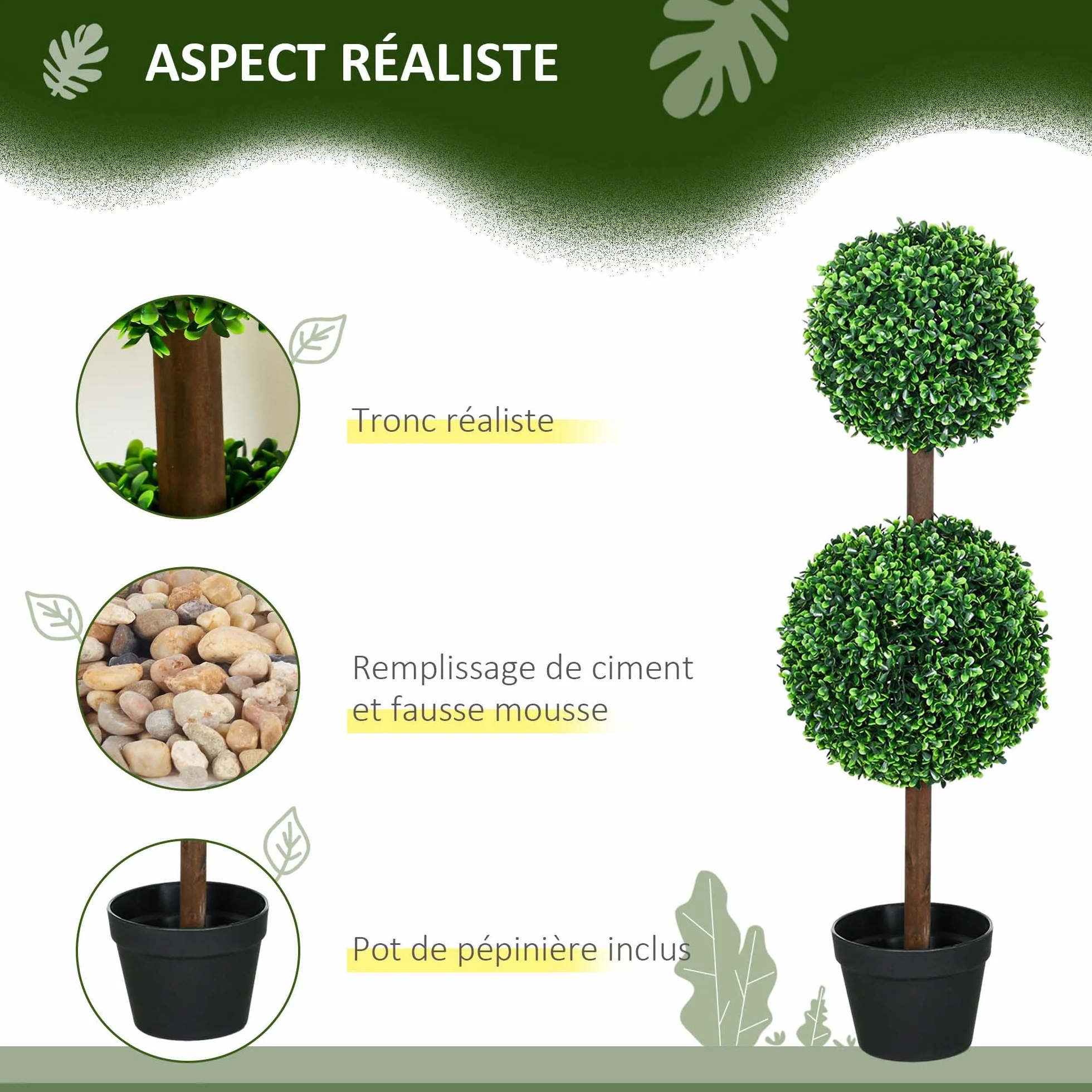 HOMCOM Lot de 2 Arbres Buis Artificiel Double Boules avec Tronc et Pot - Hauteur 90 cm Vert