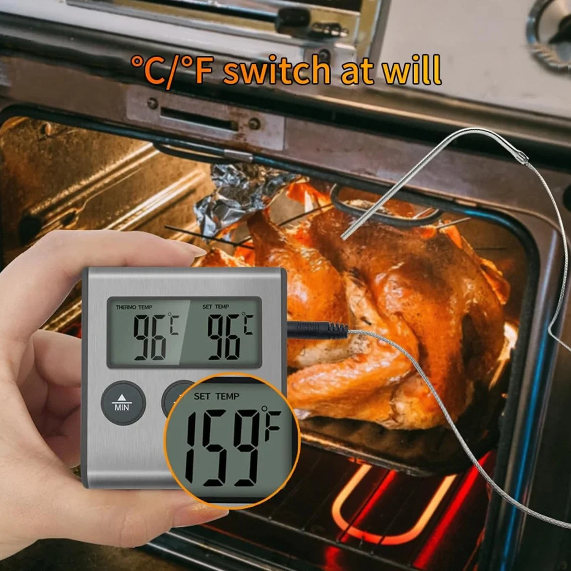 Grand thermomètre numérique LCD pour cuisson des aliments et de la viande avec sonde en acier inoxydable, fumoir, four, barbecue