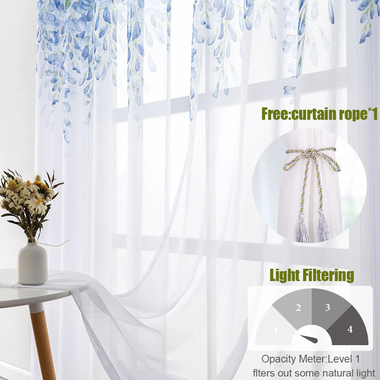 Odot Rideau Voilage Semi Occultant Passe Tringle Motif Feuille Verte 3D 2 Pieces Semi Transparent Fenetre Decoration Salon Chambre
