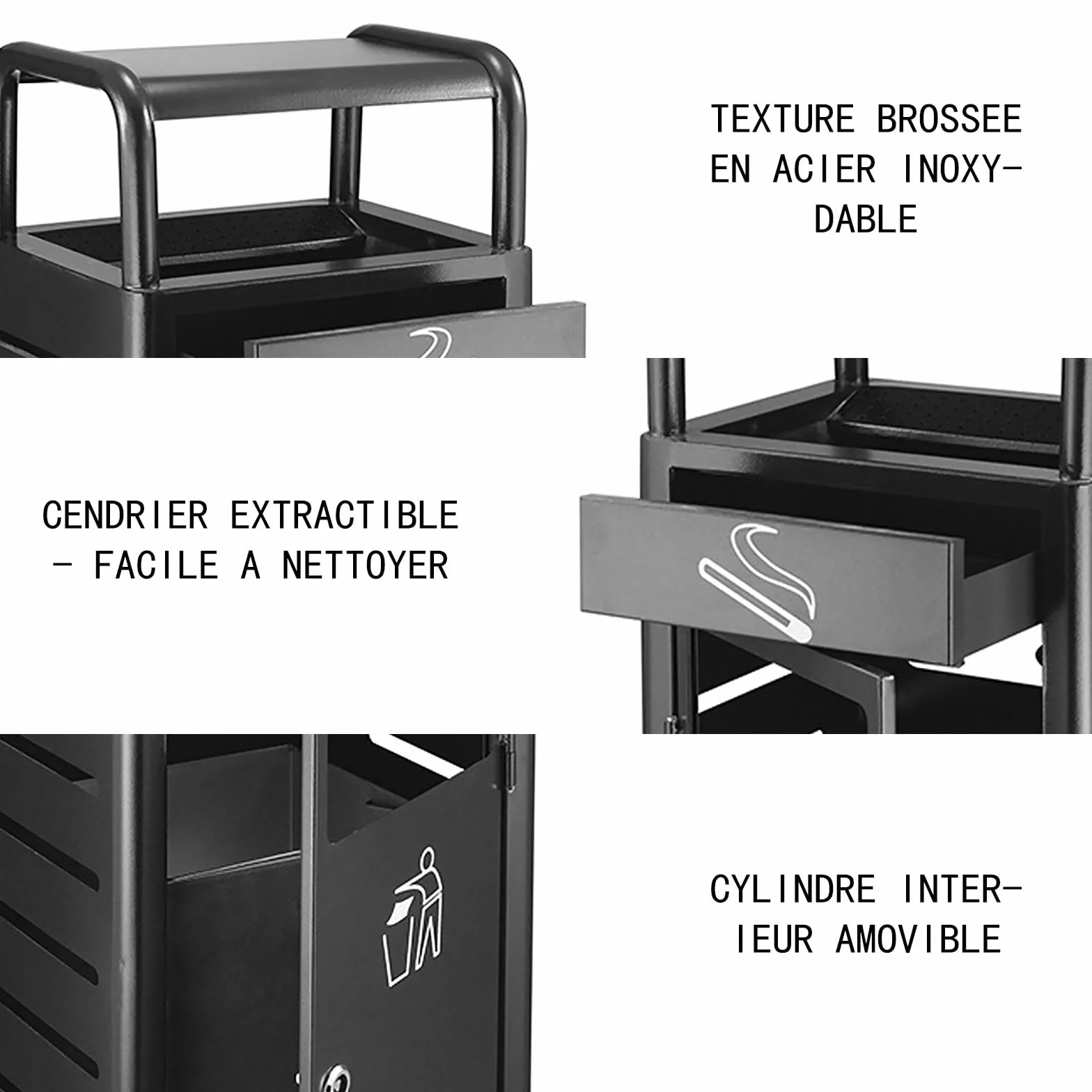 Poubelle extérieure verticale avec placement indépendant des cendres pour parc et centre commercial