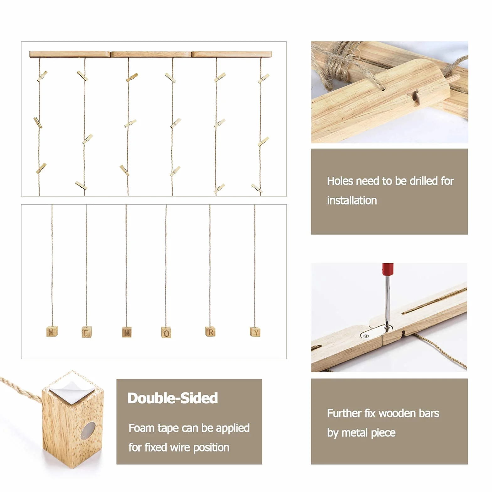 Cadre Photo Mural Avec Corde Porte-Photos 30 Pinces Couleur Bois Naturel Décoration Maison Cadeau