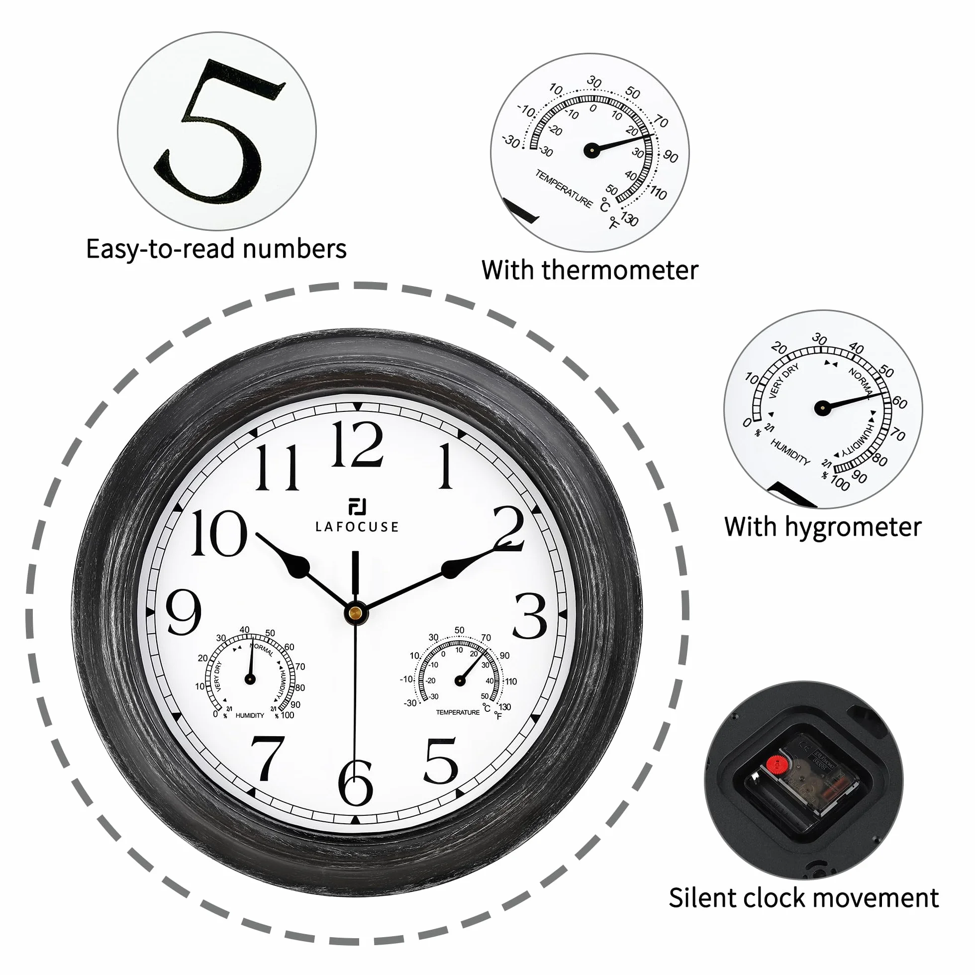 Lafocuse Horloge Murale Exterieure Etanche 30cm avec Thermomètre et Hygromètre Vintage Noir