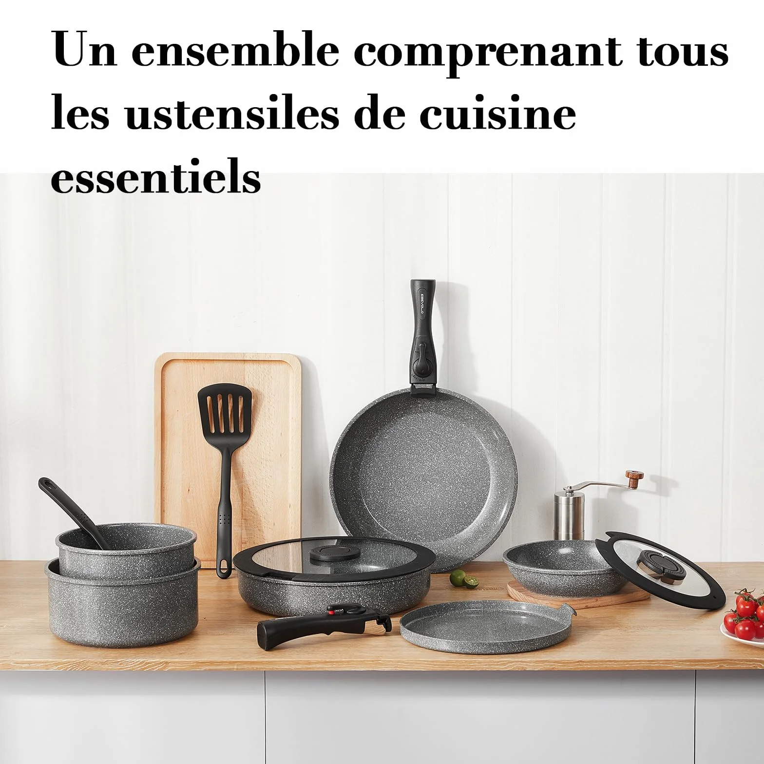 Batterie de cuisine induction 16 pièces 20cm/28cm poignées amovibles empilable antiadhésif céramique sans PFAS gris