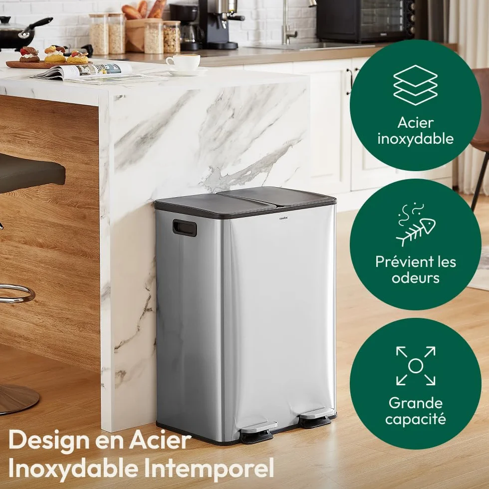 CASABEL Poubelle Cuisine Tri Sélectif 60L Acier INOX Brossé Double Compartiments