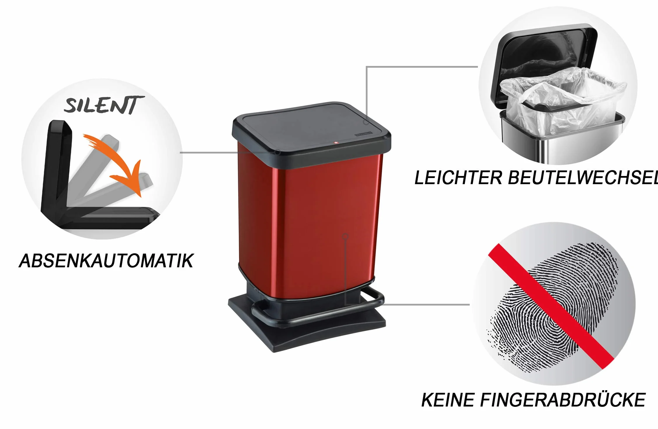 Rotho Paso Poubelle 20l avec pédale et couvercle Plastique PP sans BPA rouge métallique