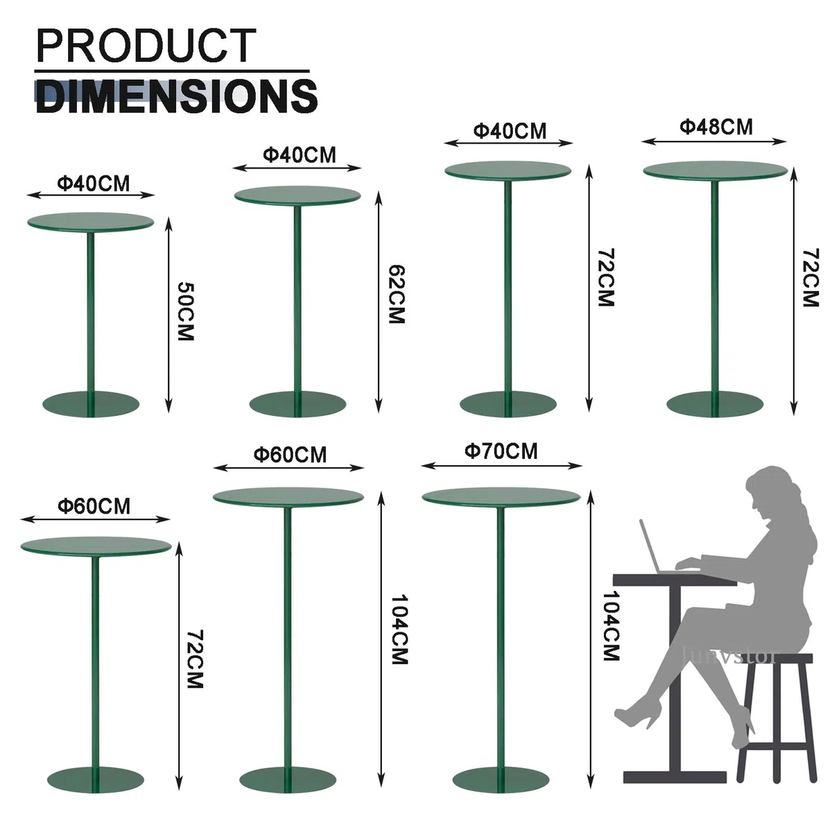 Table de bar d'extérieur en métal vert pour terrasse, bistrot, pub avec comptoir de boissons, table d'appoint de jardin pour intérieur et extérieur, 48 x 48 x 72 cm