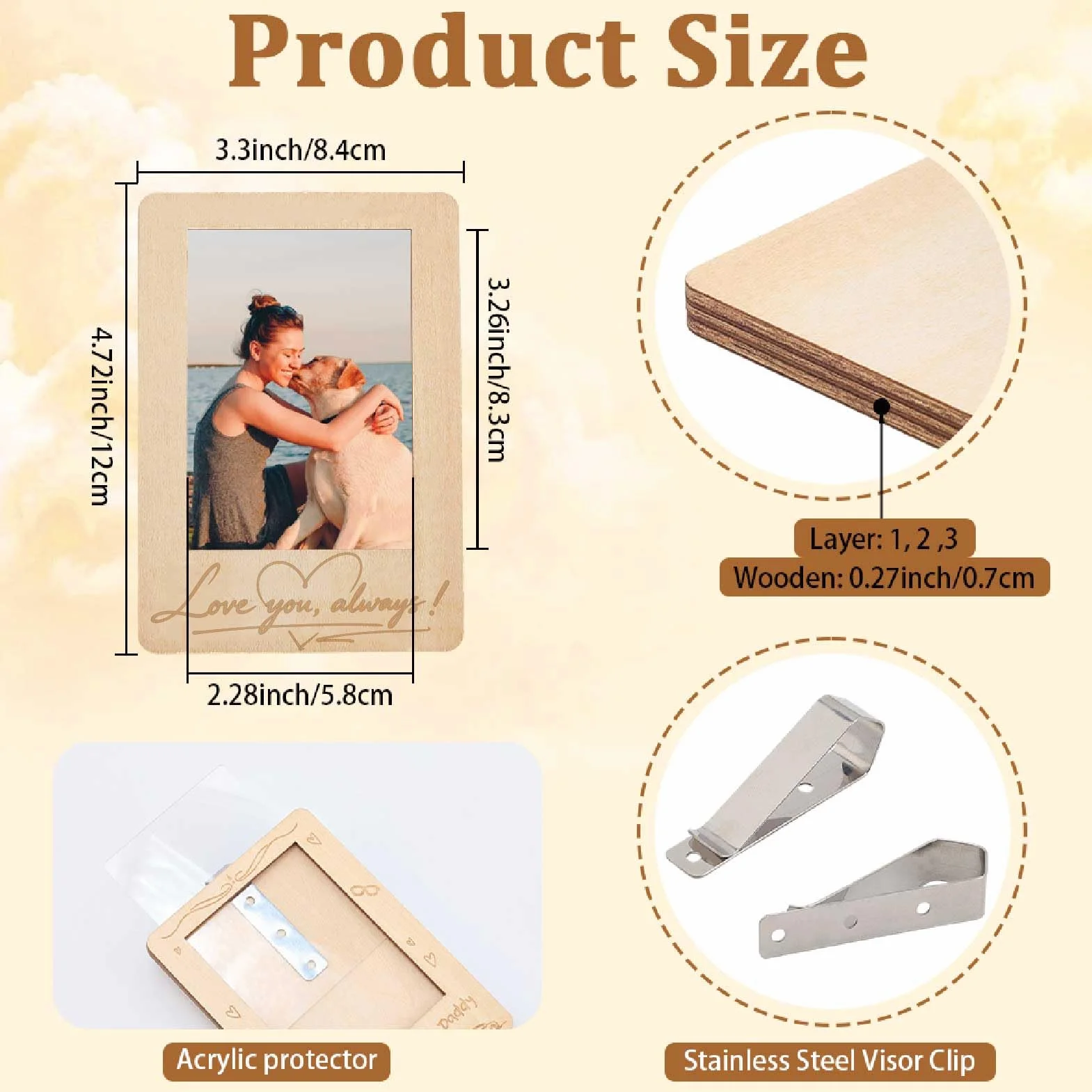 Clip Photo en Bois pour Pare-Soleil de Voiture 4,7 x 3,3 Pouces Cadre Photo Auto I Love You Motif Cœur Support Photo Décoratif Cadeau