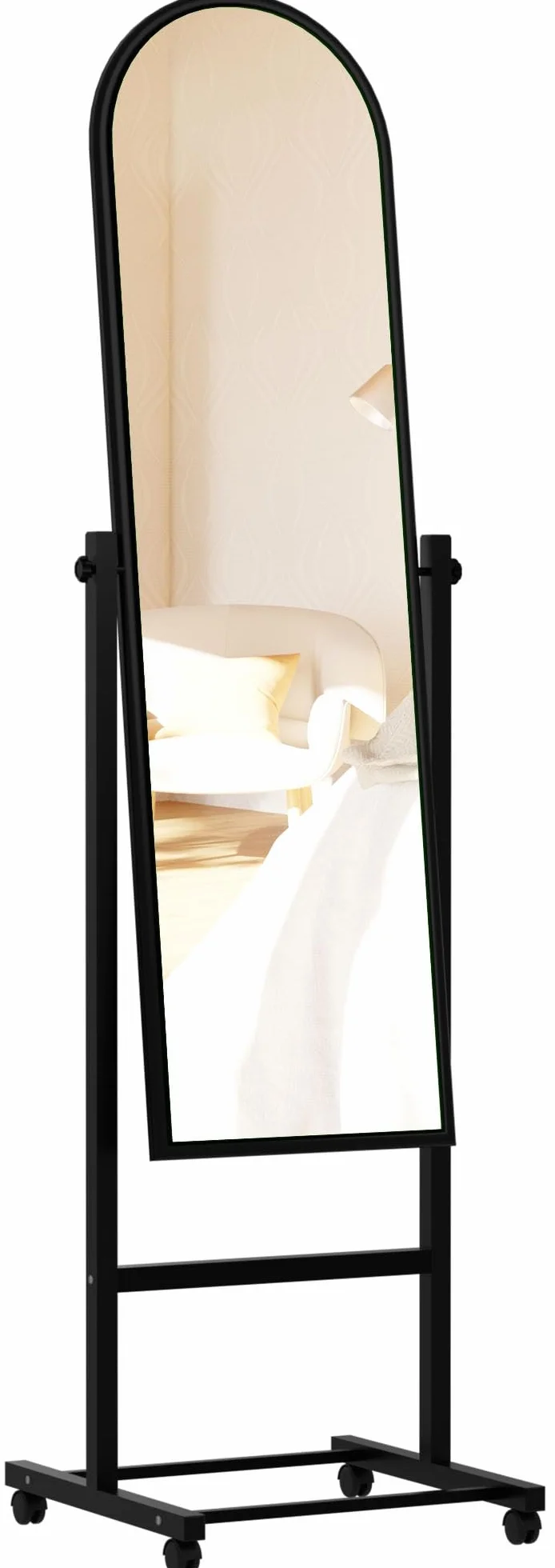 Miroir sur Pied Evoir avec roulettes, Corps Entier, Cadre métallique, Inclinable, Pivotant 360°, Noir