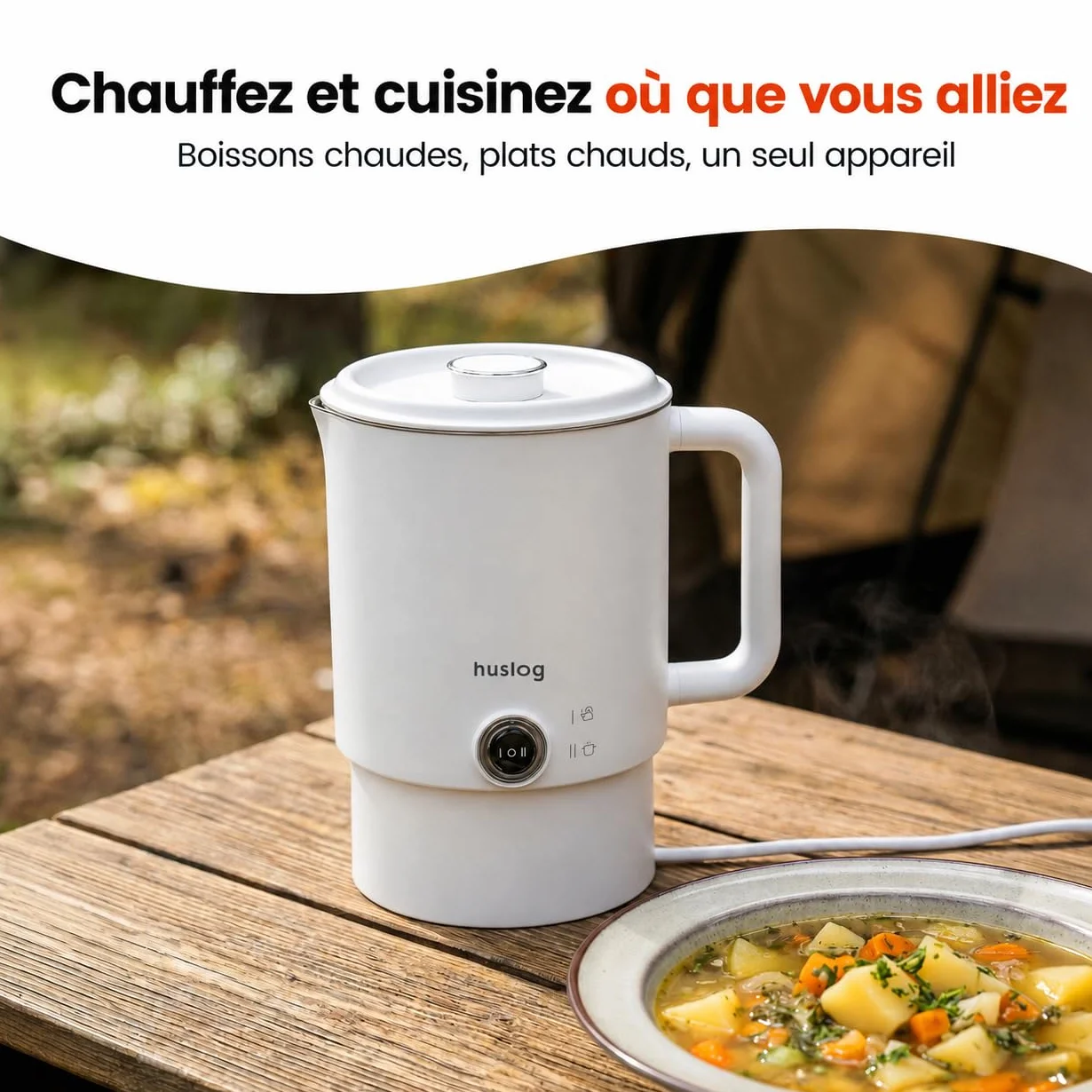 Bouilloire Électrique de Voyage Pliable 2 en 1 0,8L 650W Acier Inoxydable 304 Double Paroi Base 360°