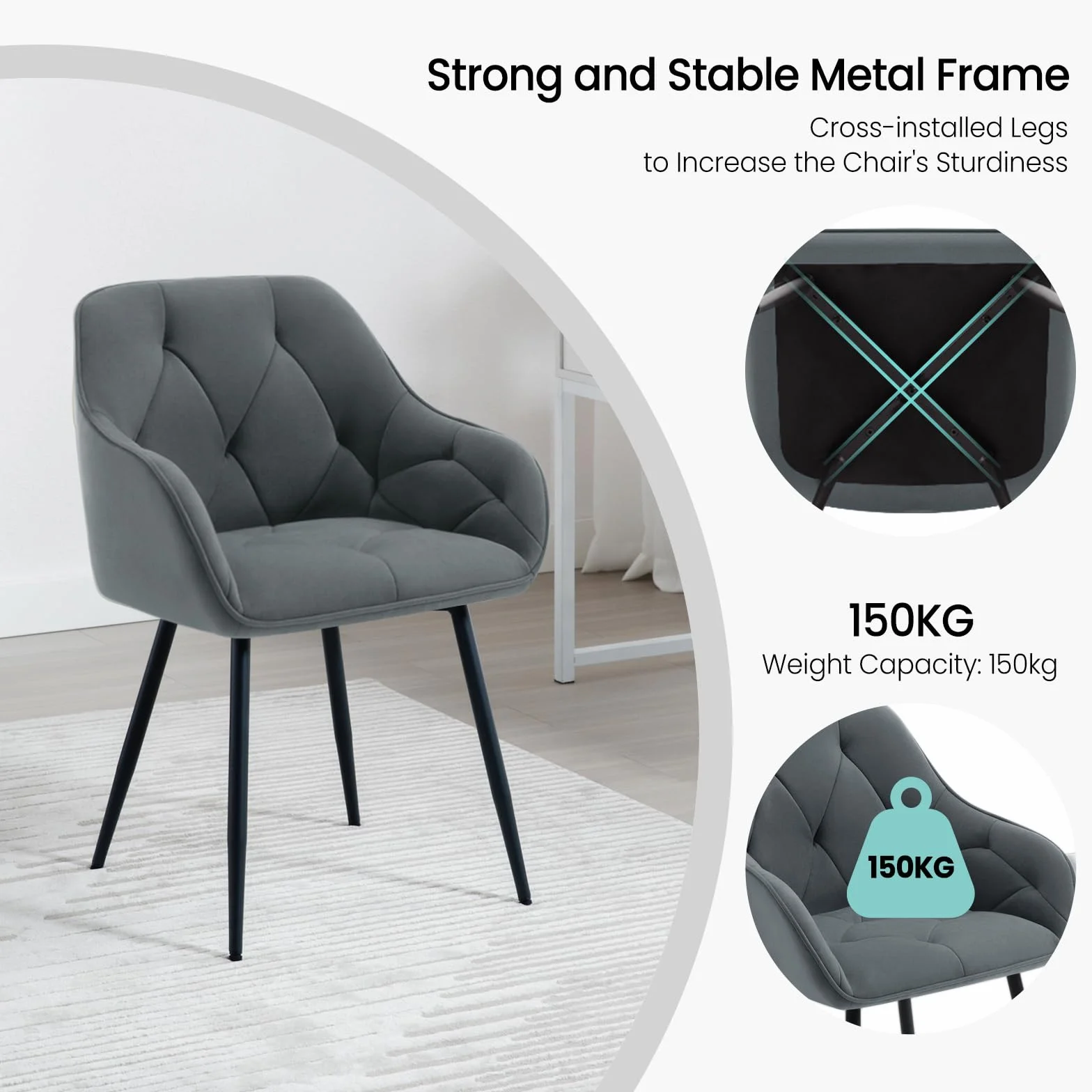 WOLTU Lot de 6 Chaises de Salle à Manger Rembourrées avec Accoudoirs, Pieds en Métal, Velours Gris Foncé