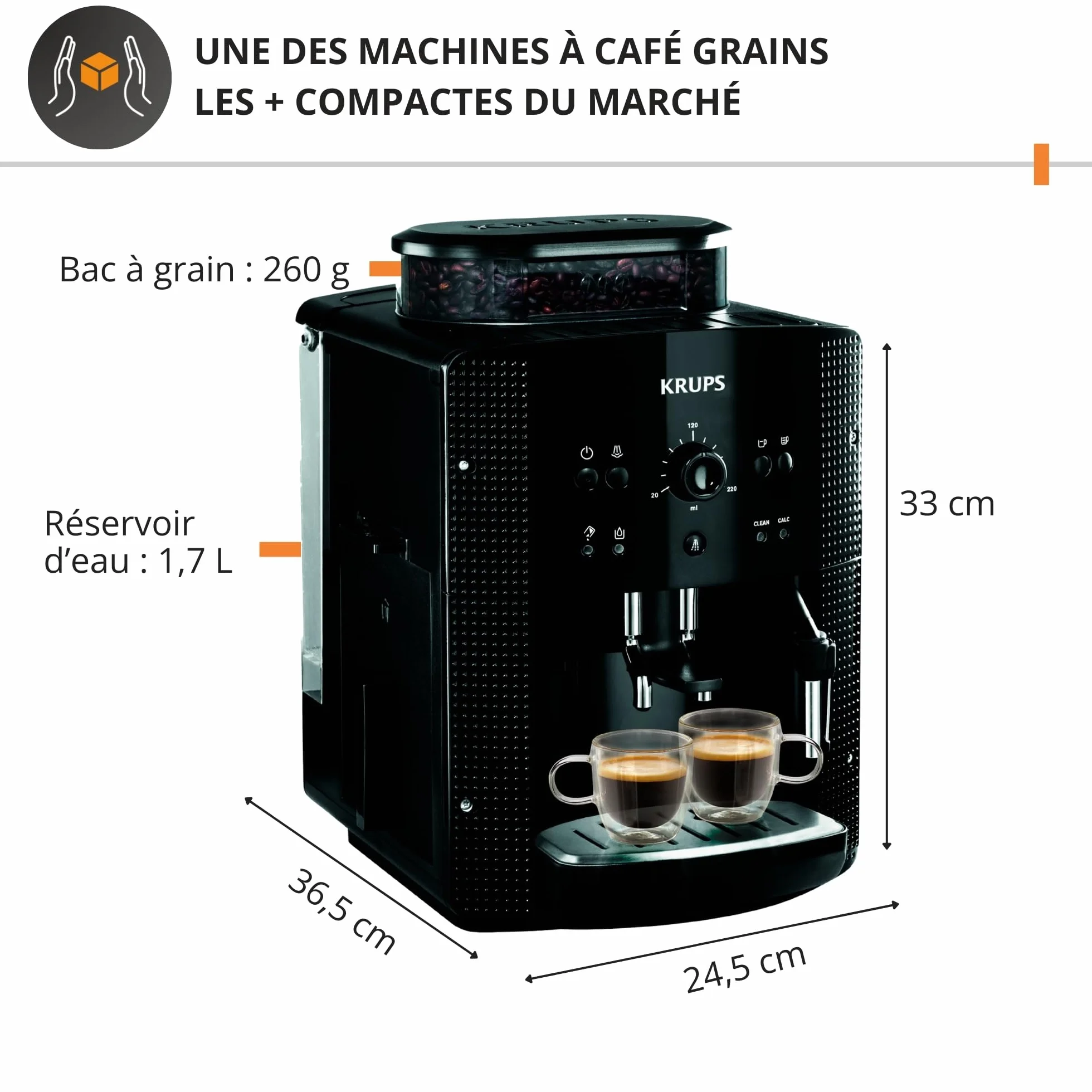 Krups Machine à café grain Essential noire YY8125FD, expresso 2 tasses, nettoyage automatique, buse vapeur cappuccino