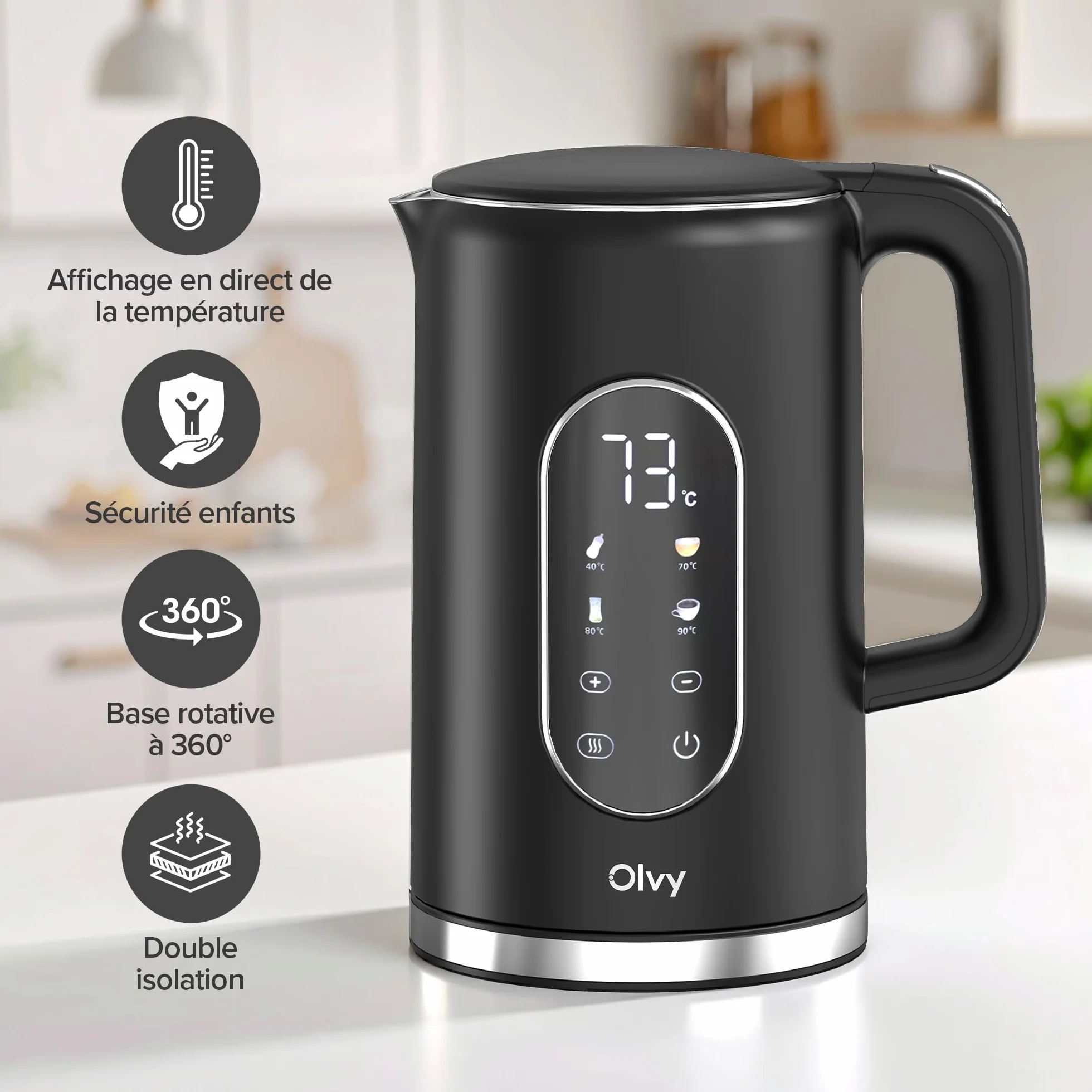 Bouilloire Électrique Olvy 1,7 L 2200W Double Paroi Inox Chauffe-Eau Rapide
