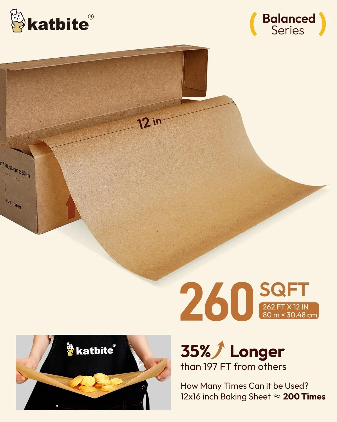 Katbite Rouleau Papier Sulfurisé Non Blanchi 30,5cm x 80m Antiadhésif Cuisson Friteuse Air