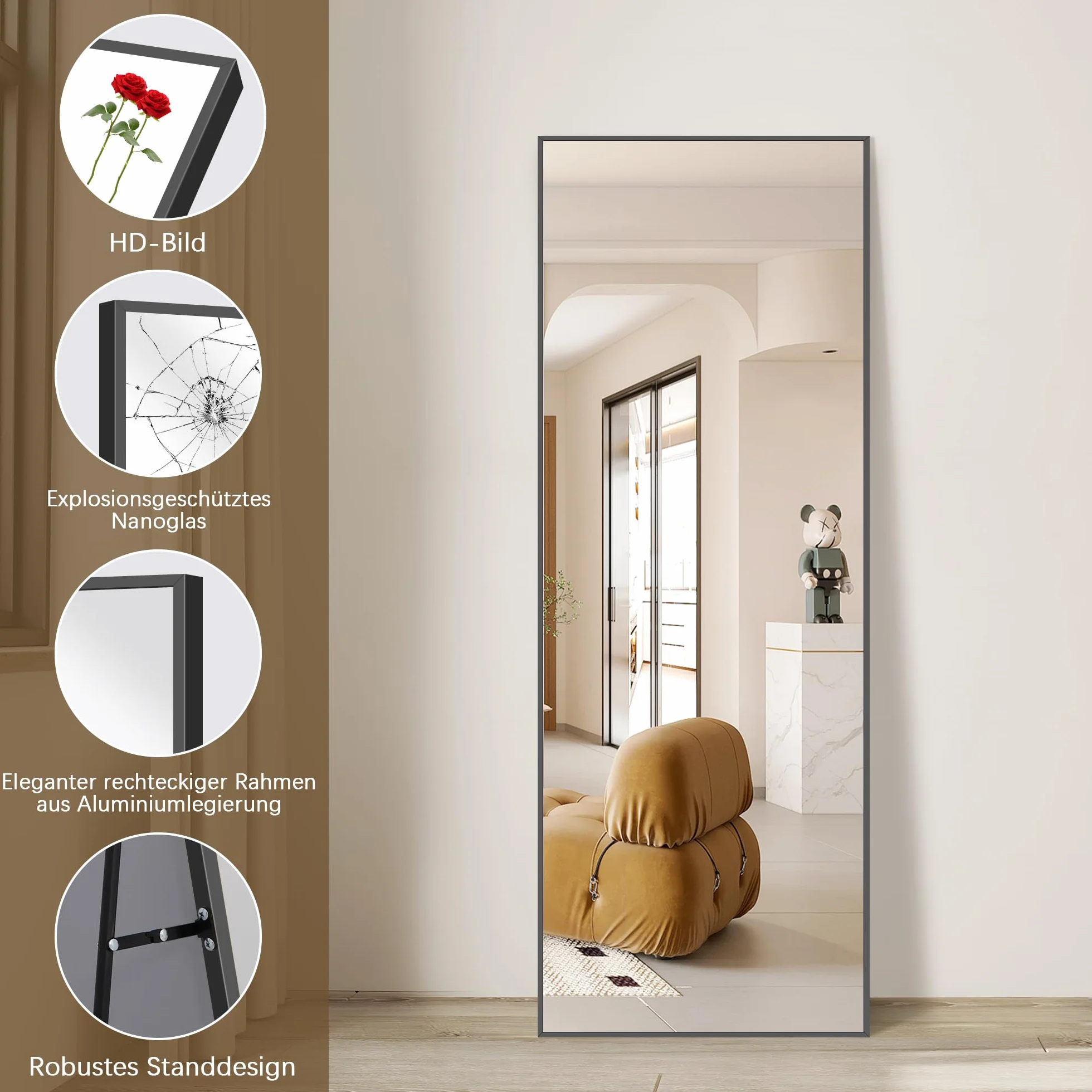 Weare Home Miroir Pleine Longueur Rectangulaire 165 x 60 cm Cadre en Métal Noir